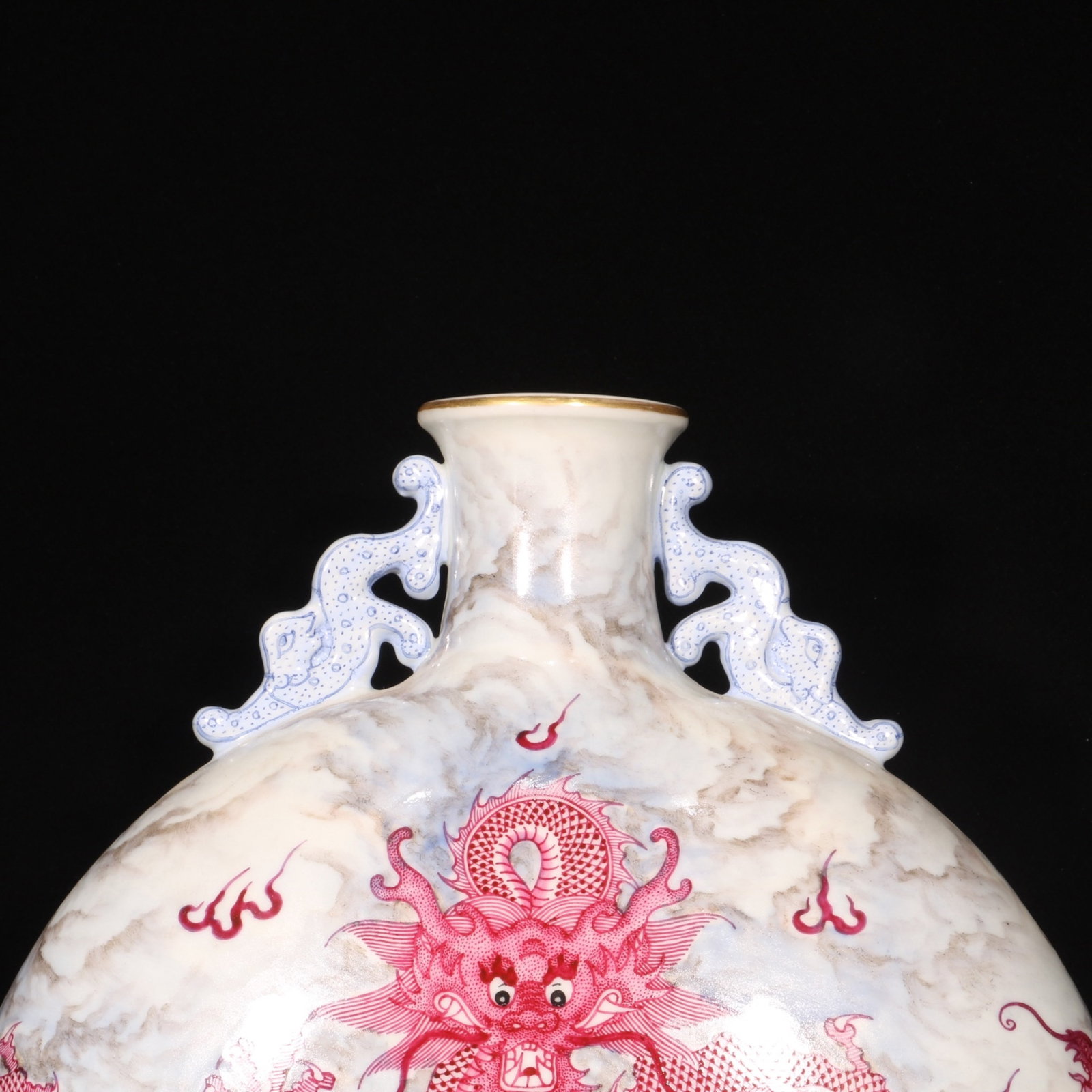 A Rare Ruby Red-Glazed Painted Gold Dragon Pattern Double-Ears Vase - 2