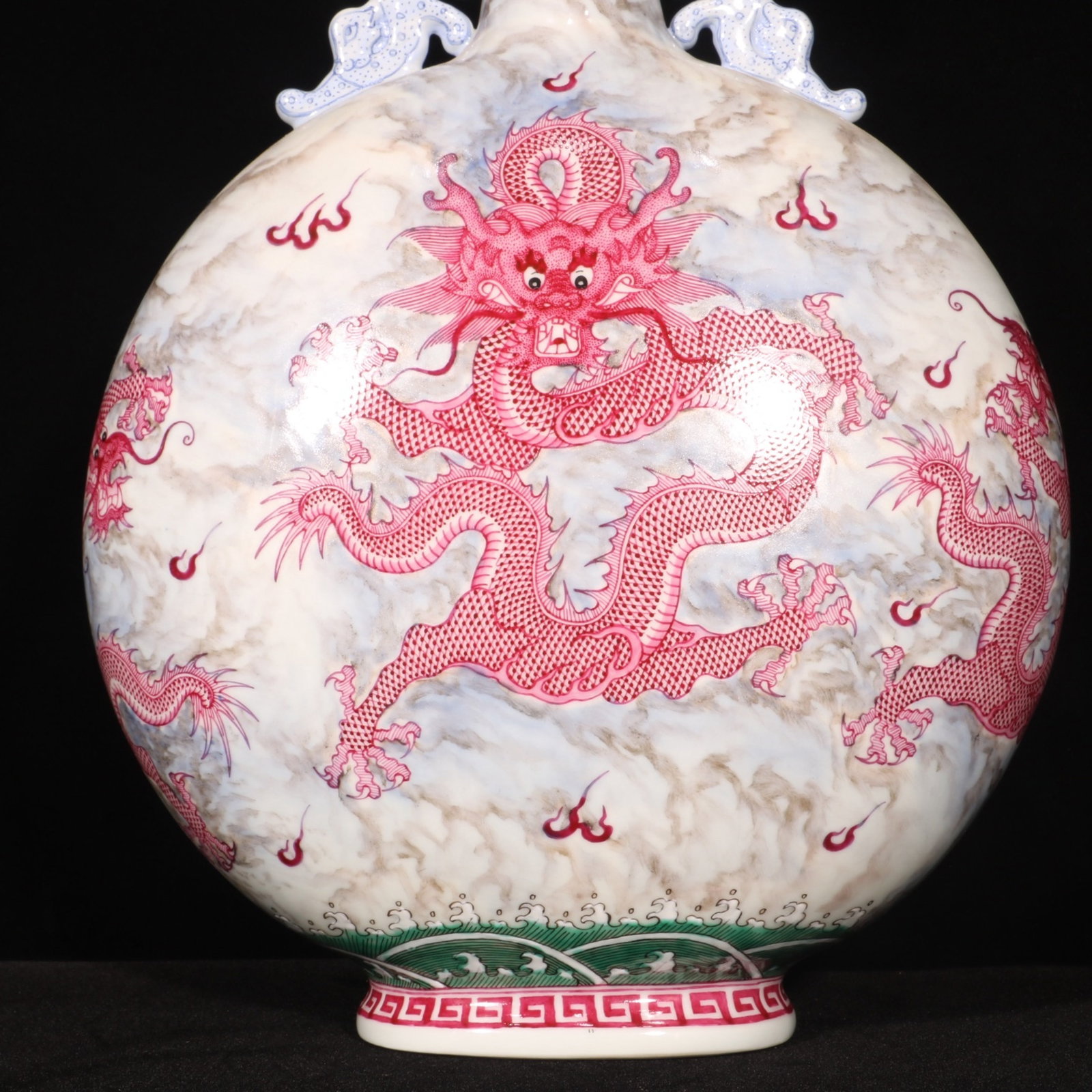 A Rare Ruby Red-Glazed Painted Gold Dragon Pattern Double-Ears Vase - 3
