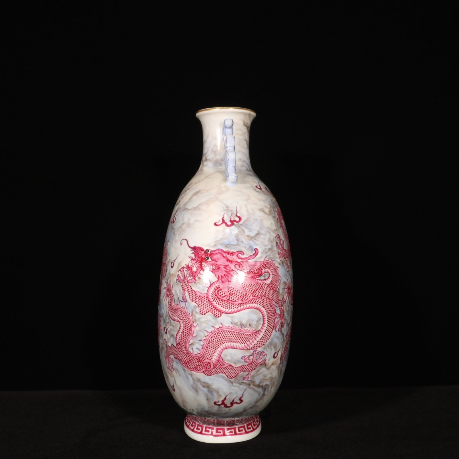 A Rare Ruby Red-Glazed Painted Gold Dragon Pattern Double-Ears Vase - 4