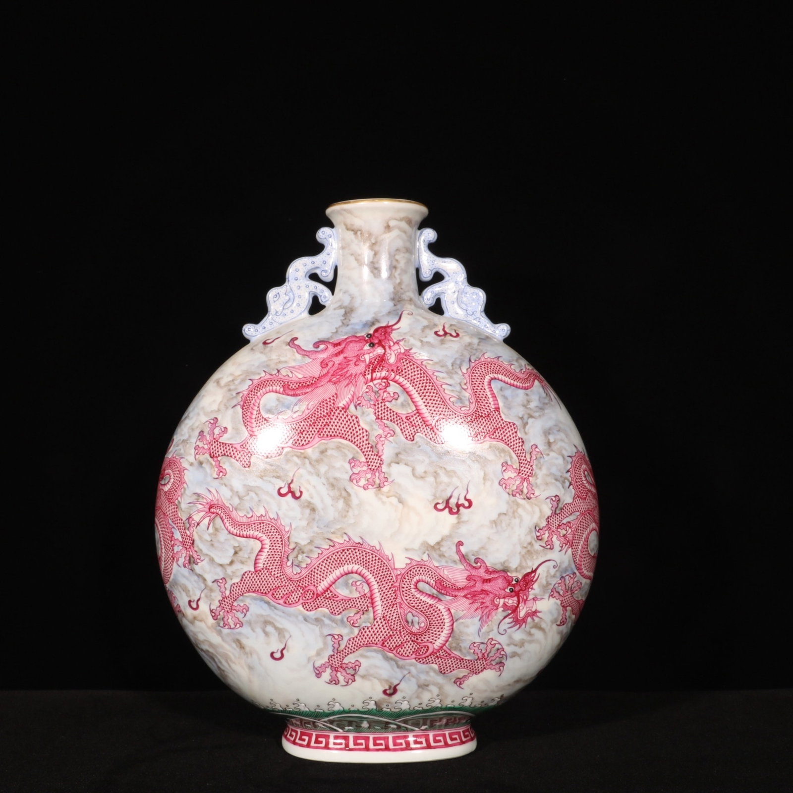 A Rare Ruby Red-Glazed Painted Gold Dragon Pattern Double-Ears Vase - 5