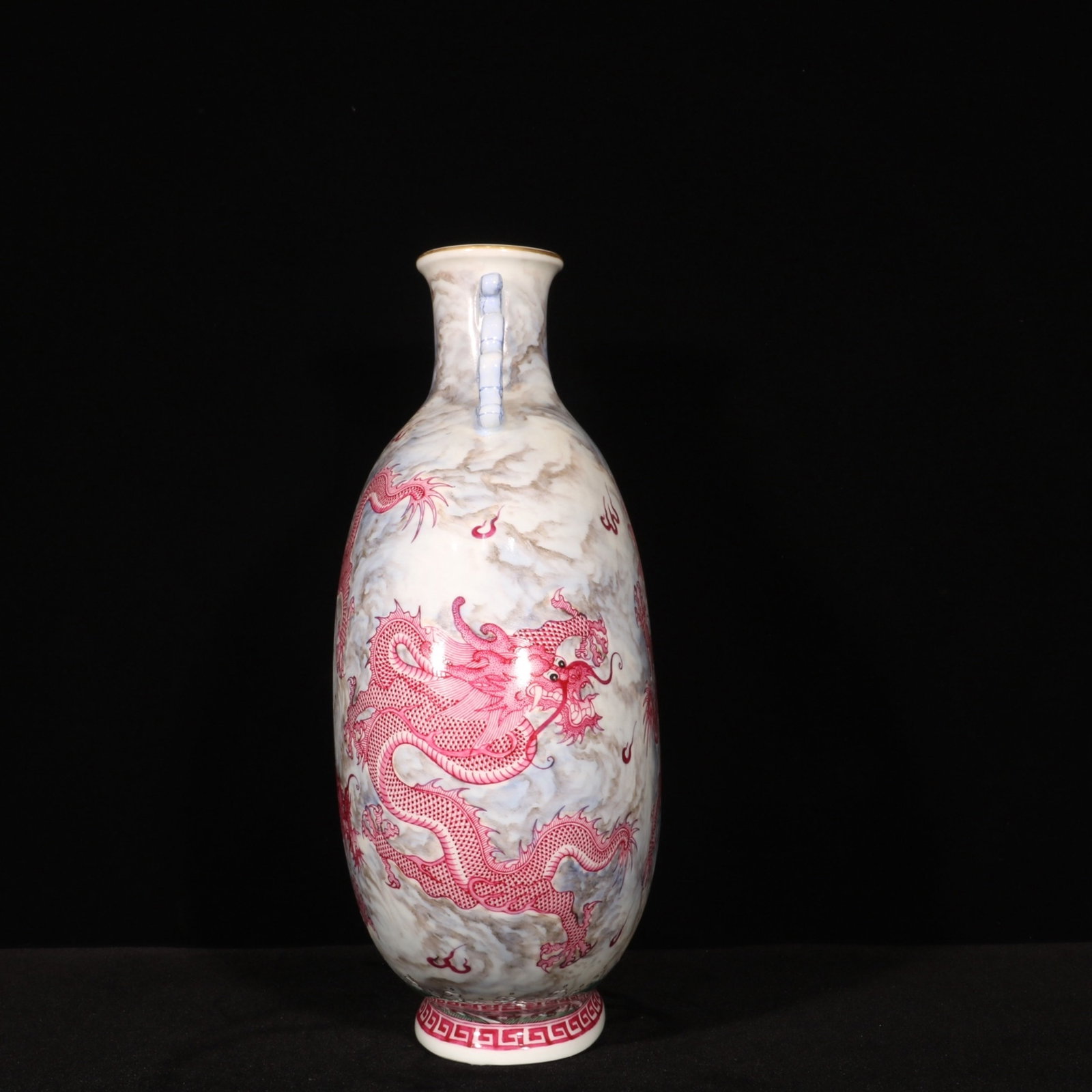 A Rare Ruby Red-Glazed Painted Gold Dragon Pattern Double-Ears Vase - 7