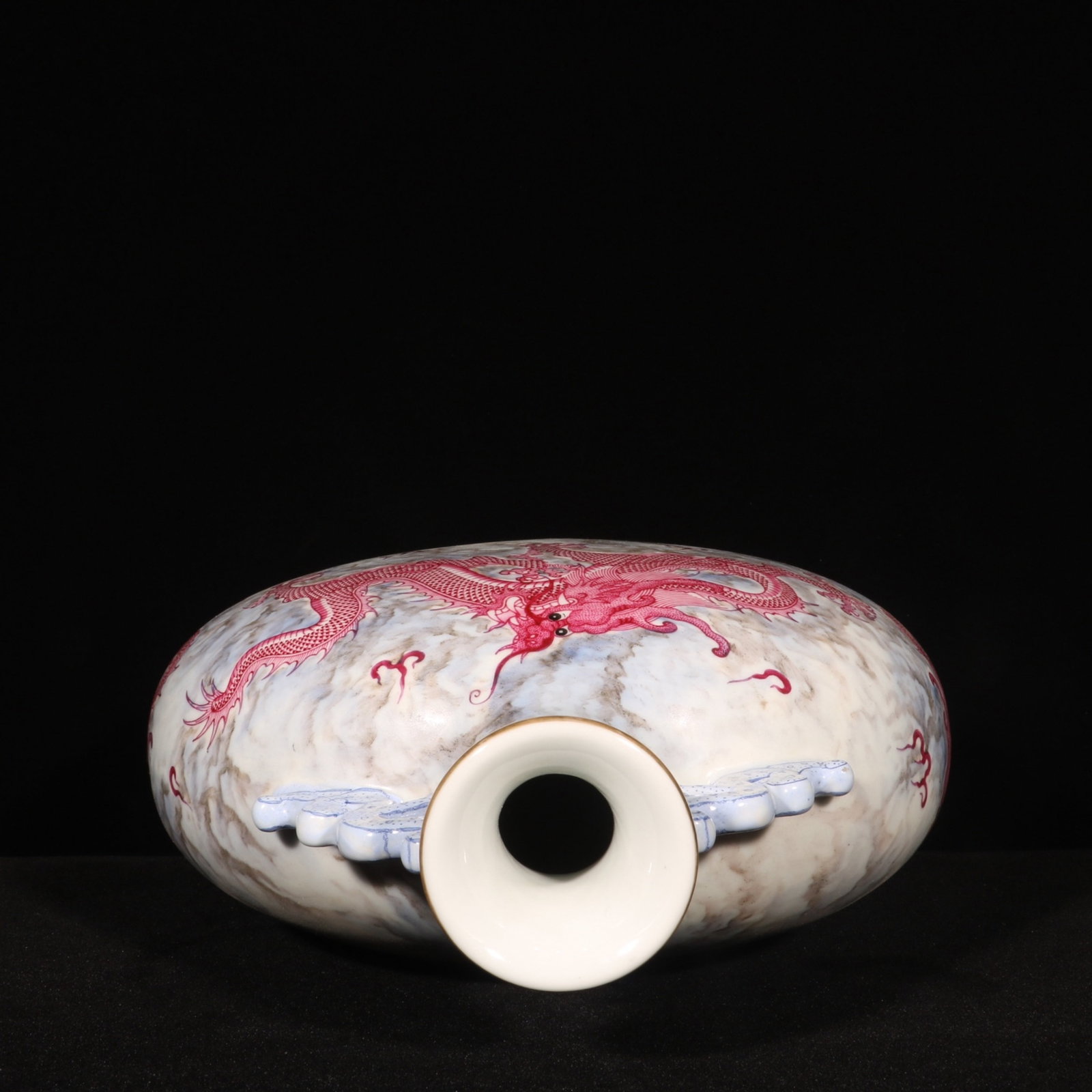 A Rare Ruby Red-Glazed Painted Gold Dragon Pattern Double-Ears Vase - 8