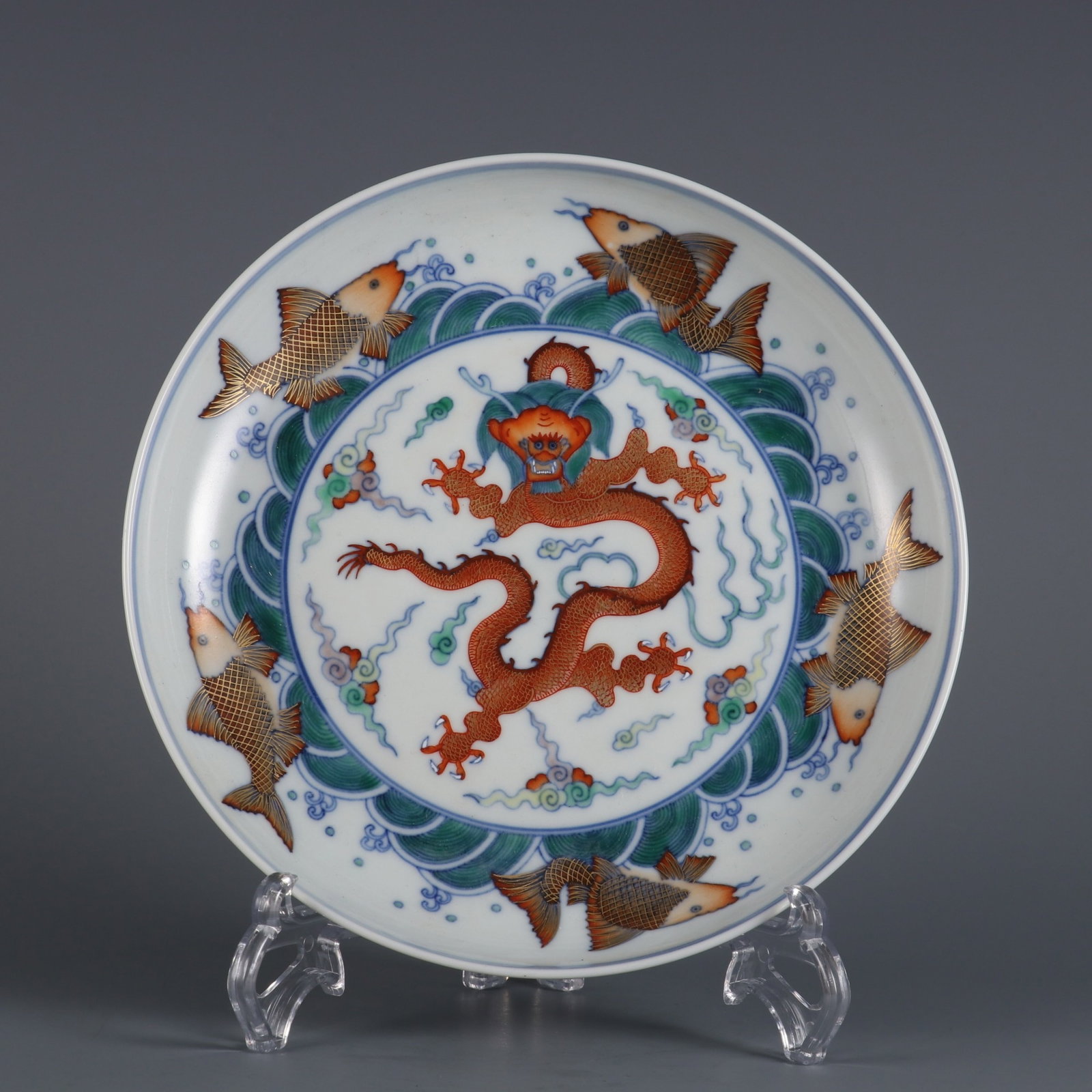 An Exquisite Doucai Painted Gold Auspicious Cloud and Dragon Pattern Plate: An Exquisite Doucai Painted Gold Auspicious Cloud and Dragon Pattern Plate,Qing Dynasty,China,Yongzheng Six-character Mark,Size:1.5inx8.2in