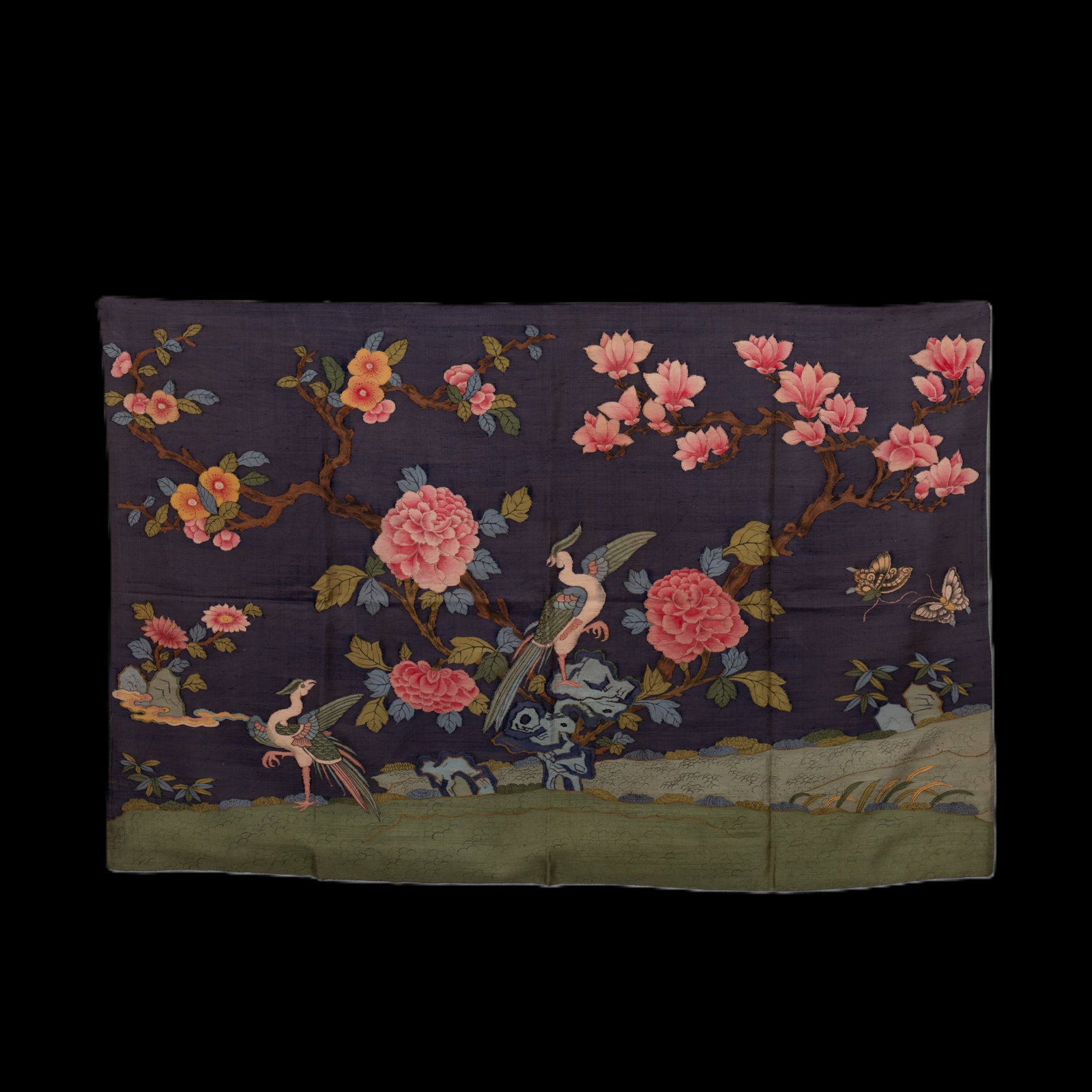An Exquisite Kesi Embroidery Flower and Bird Pattern: An Exquisite Kesi Embroidery Flower and Bird Pattern,Qing Dynasty,China,Size:51.2inx33.9in 缂丝刺绣花鸟图,中国清代