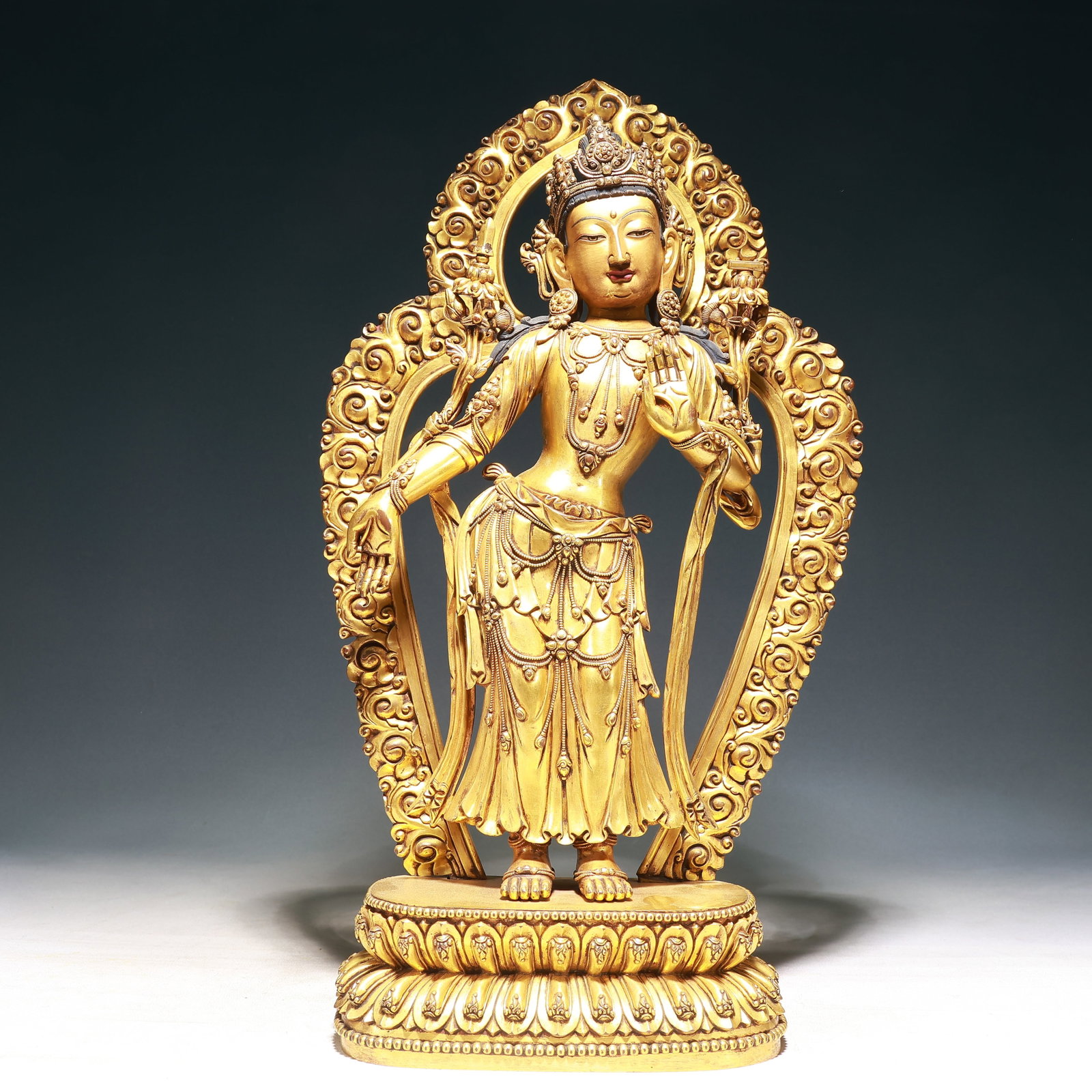 A Solemn Gilt Bronze Statue of Manjusri: A Solemn Gilt Bronze Statue of Manjusri,Ming Dynasty, China,Yongle Six-character Mark,Size:11.8inx4.7inx20.1in,Weight:9350g 铜鎏金文殊菩萨像,中