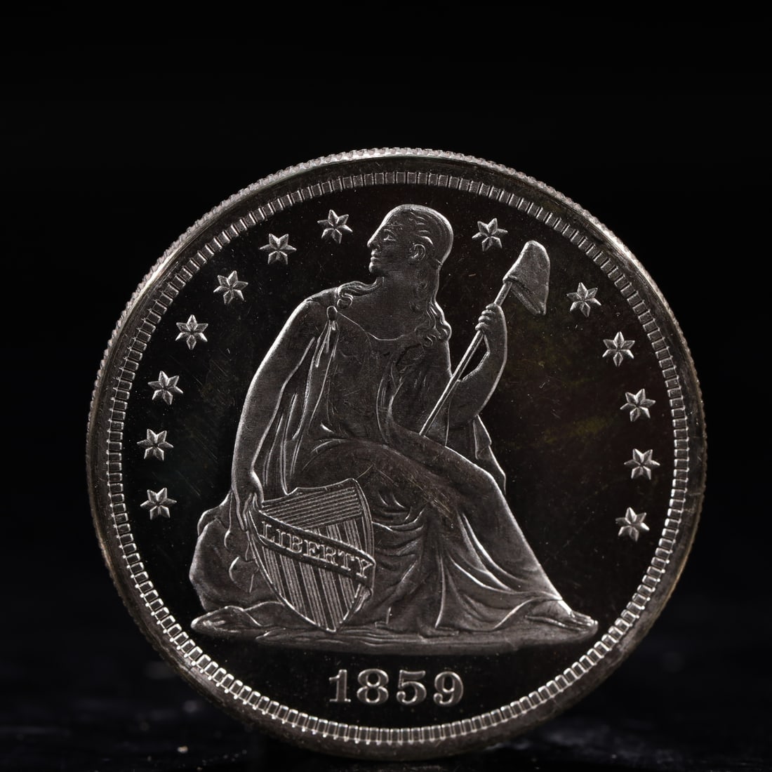 USA One Dollar 1859 Coin: American coin. IN GOD WE TRUST / LIBERTY / 1859 / UNITED STATES OF AMERICA / ONE DOL. Mint Mark: O.Weight:26.9g.