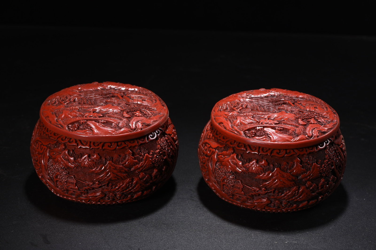 A Pair of Exquisite Carved Red Lacquer Landscape Pattern Jar (1 of 9)