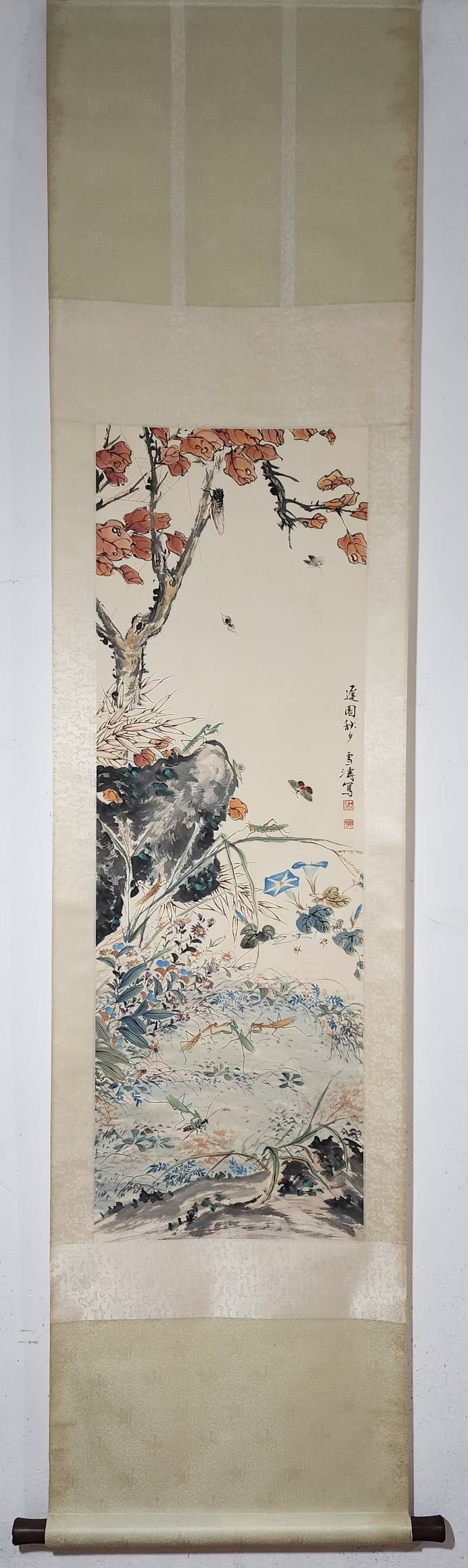 A Chinese Vertical Scroll Ink Painting of Flower and Butterfly on Paper: A Chinese Vertical Scroll Ink Painting of Flower and Butterfly on Paper,Wang Xuetao,Size:48inx15.9in