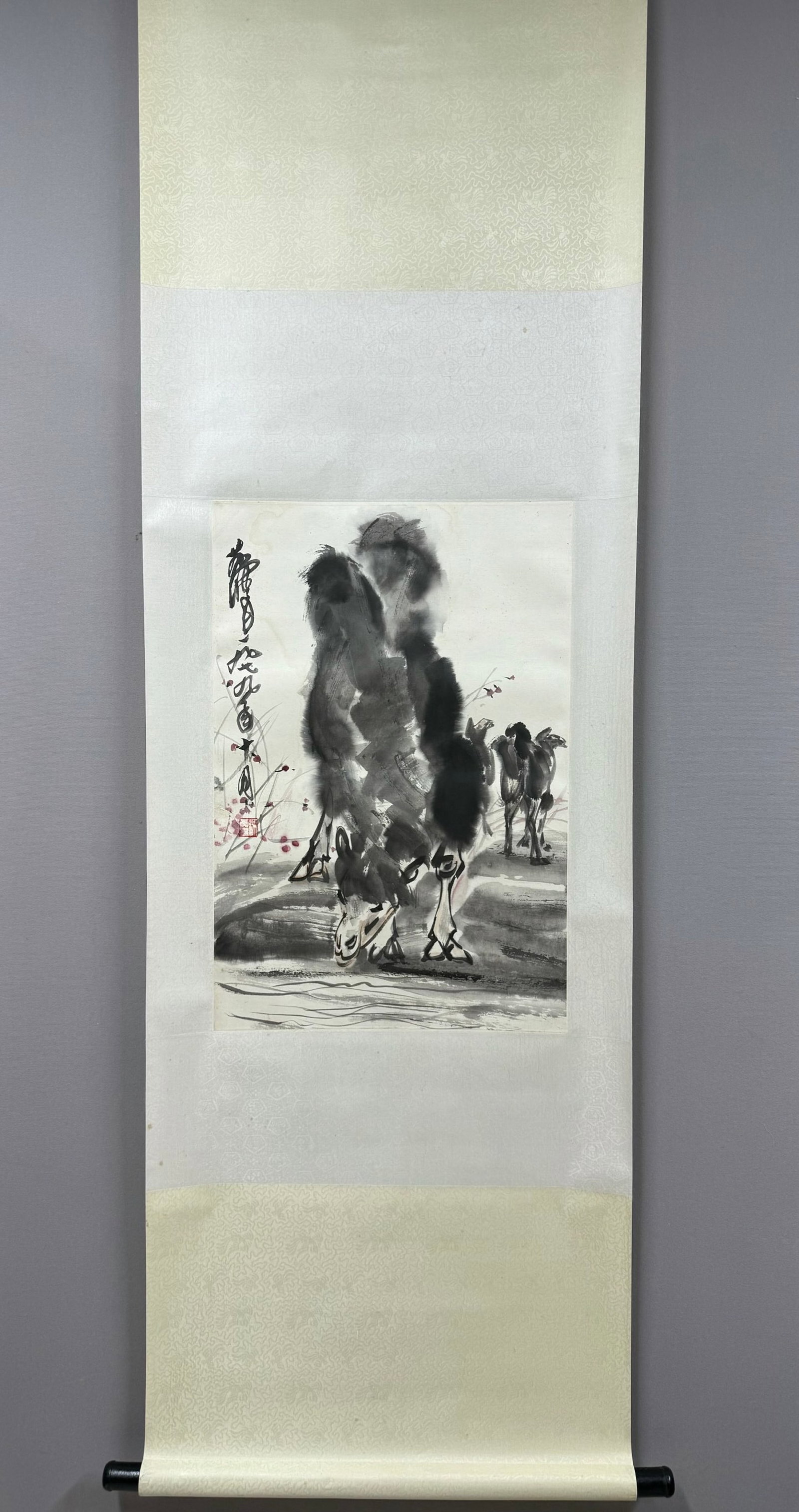 A Chinese Vertical Scroll Ink Painting of Camel on Paper: A Chinese Vertical Scroll Ink Painting of Camel on Paper,Huang Zhou,Size:26.8inx17.7in 一幅中国水墨骆驼画立轴,黄胄