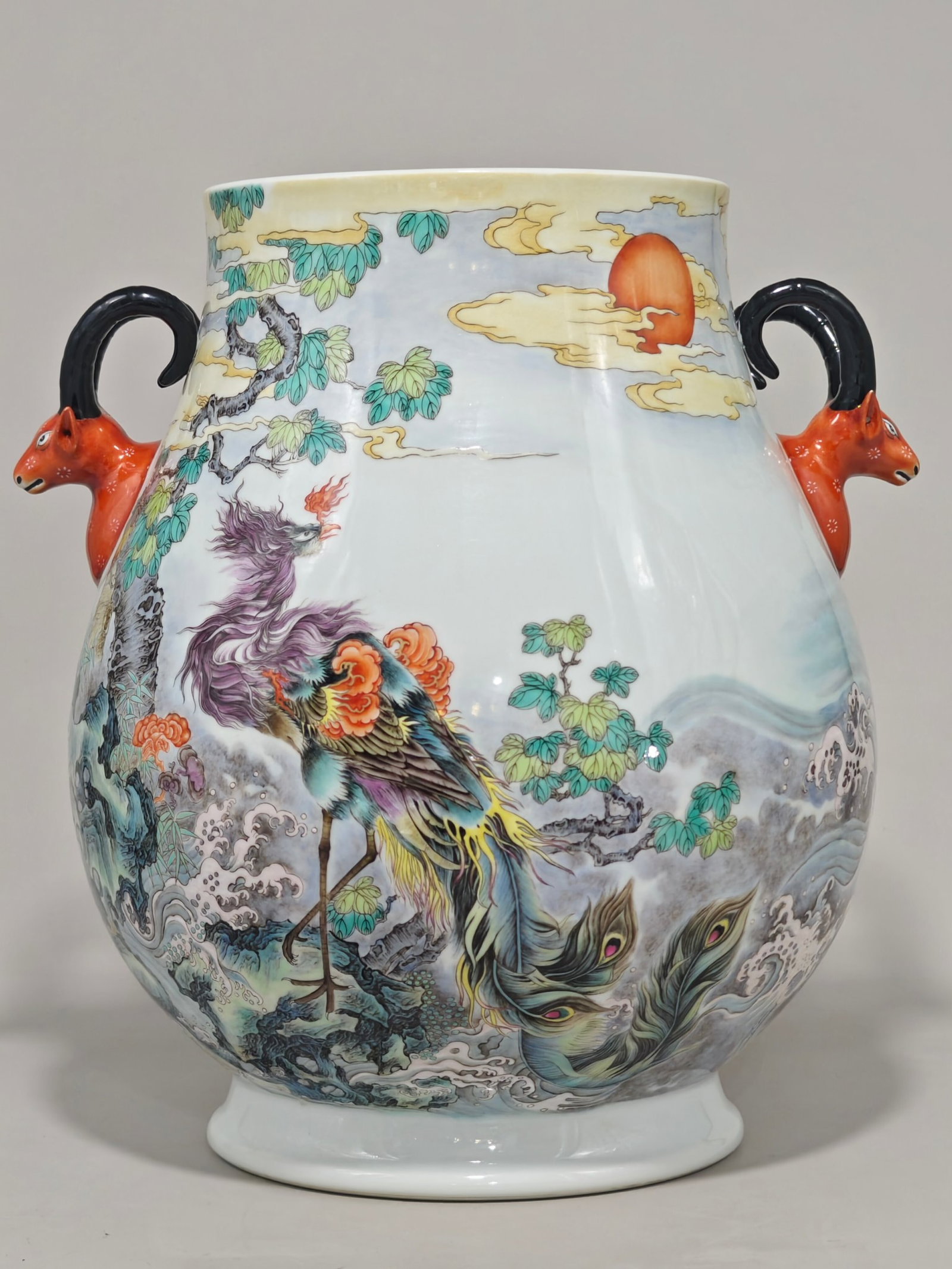 A Rare Enamel Phoenix Pattern Sheep-Ears Vase,with poem: A Rare Enamel Phoenix Pattern Sheep-Ears Vase,with poem,Qing Dynasty,China,Qianlong Six-character Mark,Size:15.2inx14.2in 珐琅彩凤纹羊耳瓶,带ť