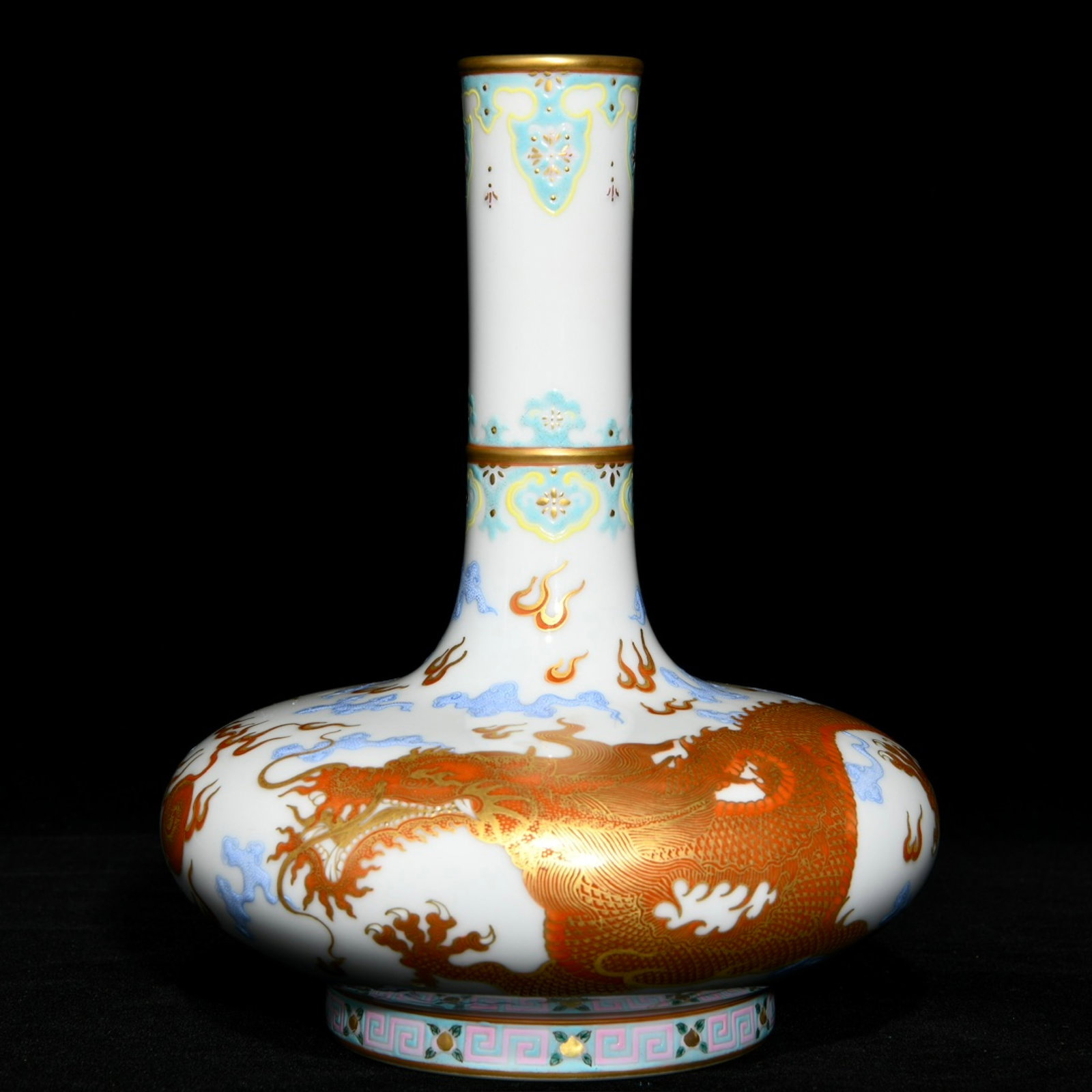 An Exquisite Famille-Rose Painted Gold Auspicious Cloud and Dragon Pattern Vase: An Exquisite Famille-Rose Painted Gold Auspicious Cloud and Dragon Pattern Vase,Qing Dynasty,China,Yongzheng Six-character Mark,Size:8.3inx6.3in 粉彩描金祥云龙