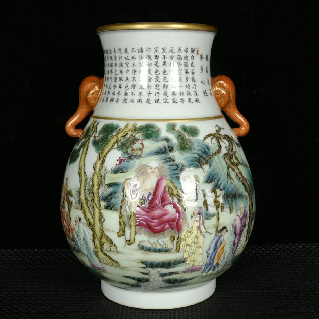 An Exquisite Enamel Painted Gold Statue of Arhat Figure Pattern Elephant-Ears Vase,with poem: An Exquisite Enamel Painted Gold Statue of Arhat Figure Pattern Elephant-Ears Vase,with poem,Qing Dynasty,China,Qianlong Six-character Mark,Size:10.8inx7.9in 珐琅彩描金&#