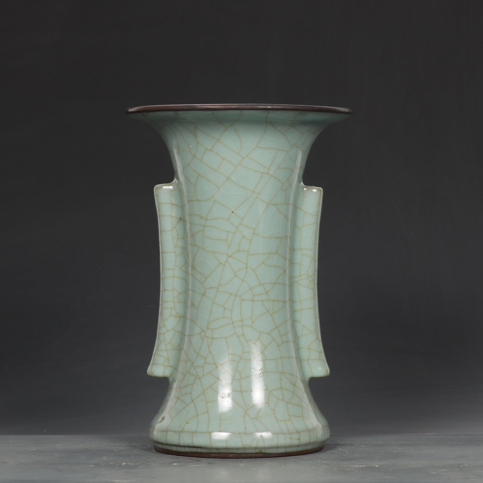 A Rare Guan yao Celadon Glazed Cover with Silver Vase,with an Imperial Poem by Emperor Qianlong: A Rare Guan yao Celadon Glazed Cover with Silver Vase,with an Imperial Poem by Emperor Qianlong,Song Dynasty,China,With Mark,Size:14.4inx7in 官窑青釉银口瓶,&#
