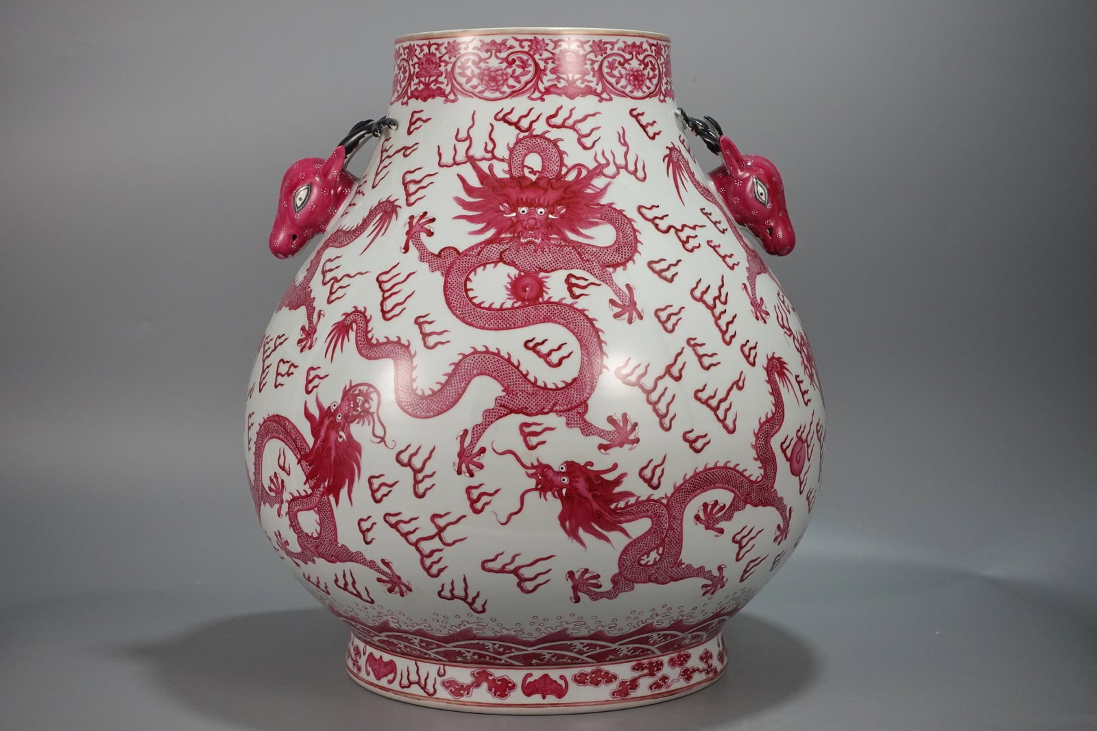 A Huge Agate Red Glazed Dragon Pattern Deer-Ears Vase: A Huge Agate Red Glazed Dragon Pattern Deer-Ears Vase,Qing Dynasty,China,Qianlong Six-character Mark,Size:18.1inx16.5in 玛瑙红釉龙纹鹿耳瓶,中