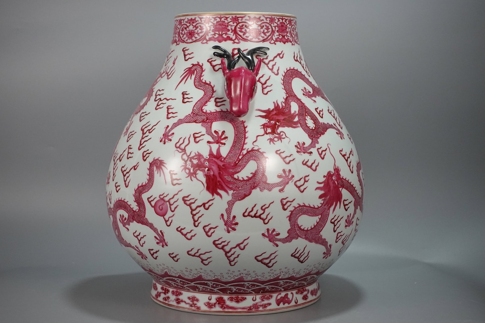 A Huge Agate Red Glazed Dragon Pattern Deer-Ears Vase - 5