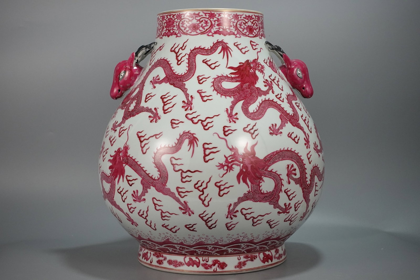 A Huge Agate Red Glazed Dragon Pattern Deer-Ears Vase - 6