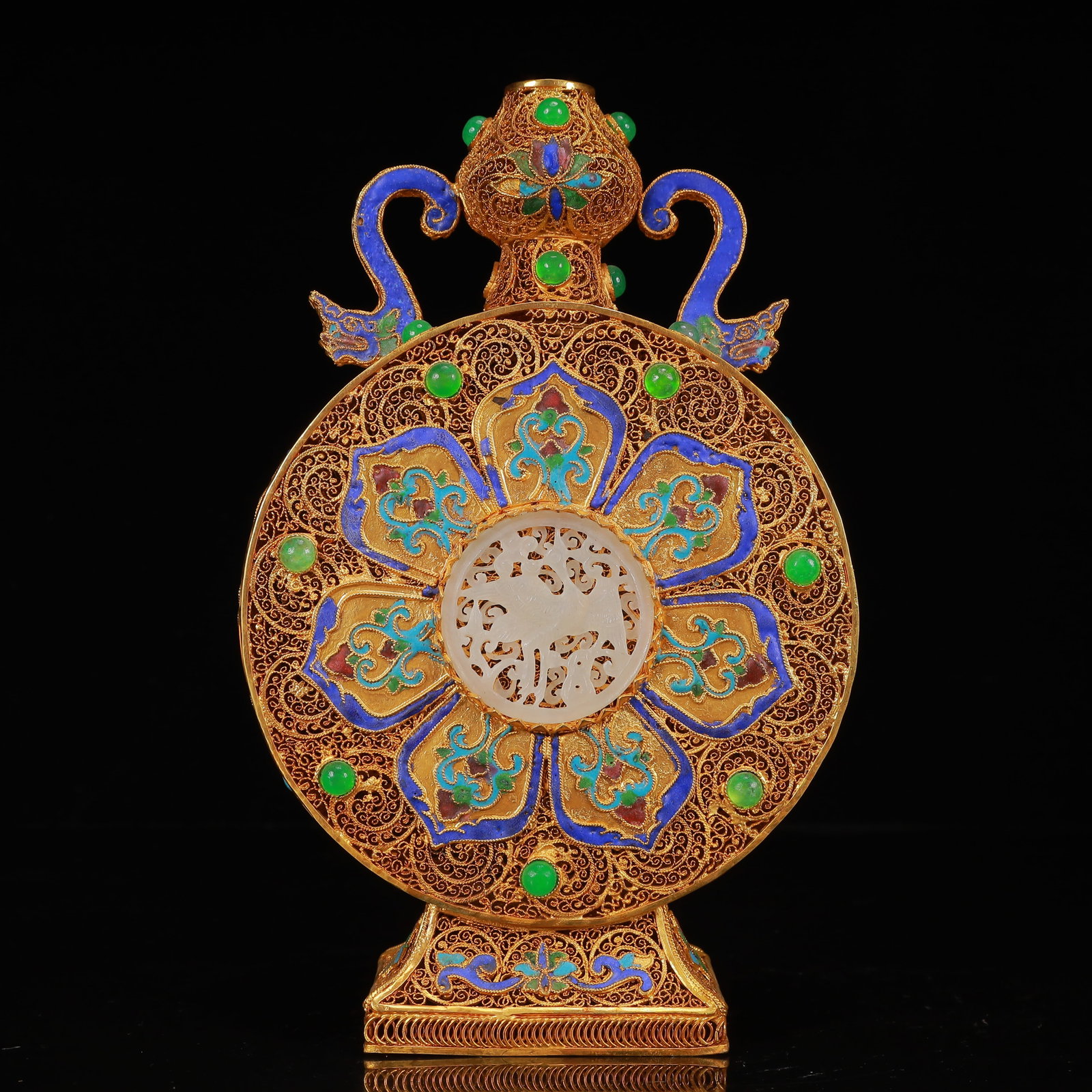 An Exquisite Filigree and Gilding Inlaid White Jade Eight Treasures Pattern Double-Ears: An Exquisite Filigree and Gilding Inlaid White Jade Eight Treasures Pattern Double-Ears Censer,Inlaid Gems,Qing Dynasty, China,Qianlong Four-Character Mark,Size:5.9inx2inx9.1in,Weight:700g 花