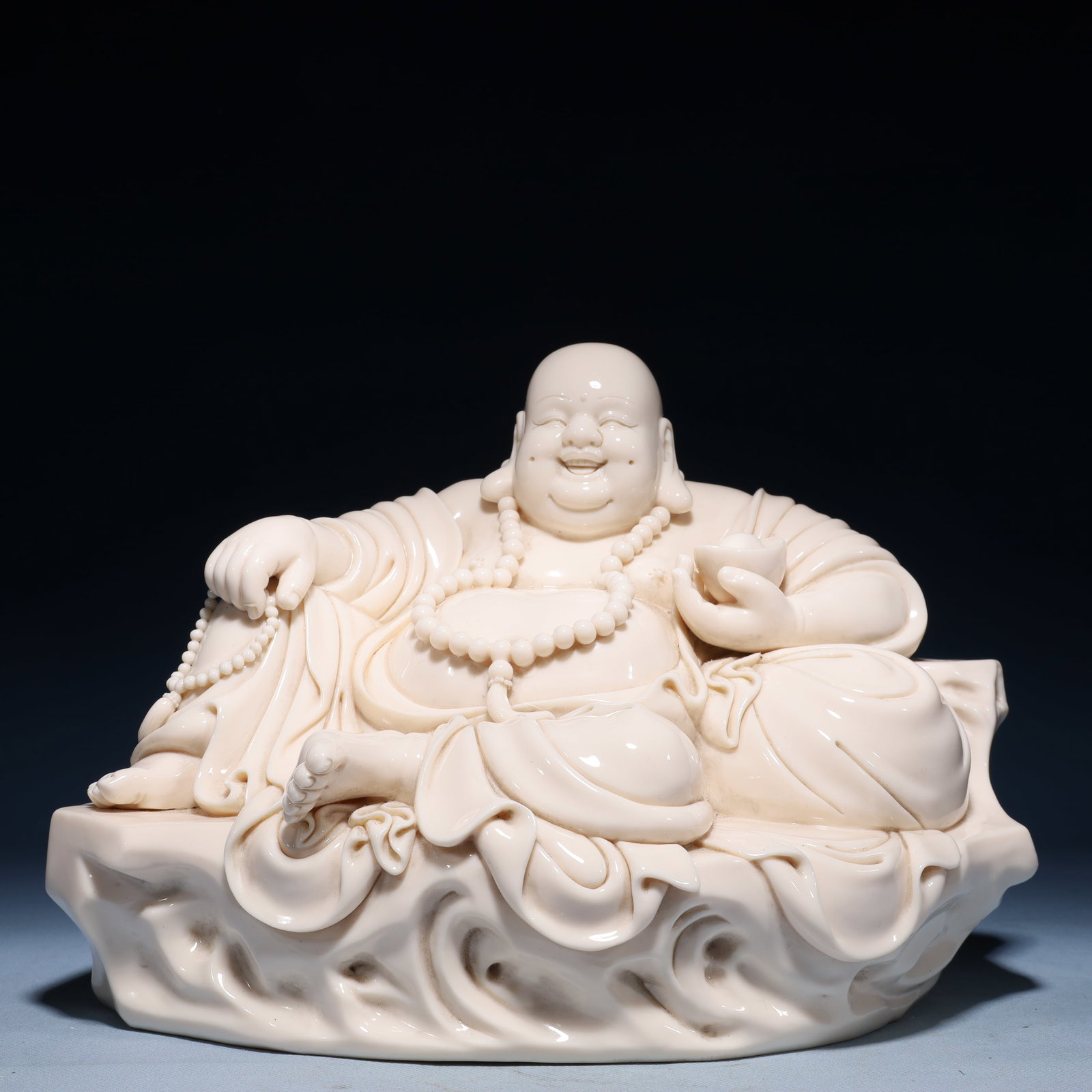 A Solemn Blance-De-Chine Statue of Maitreya Buddha: A Solemn Blance-De-Chine Statue of Maitreya Buddha Blance-De-Chine Statue of Maitreya Buddha,Ming Dynasty,China,He Chaozong Mark,Size:11.8inx9.1inx8.3in,Weight:5050g