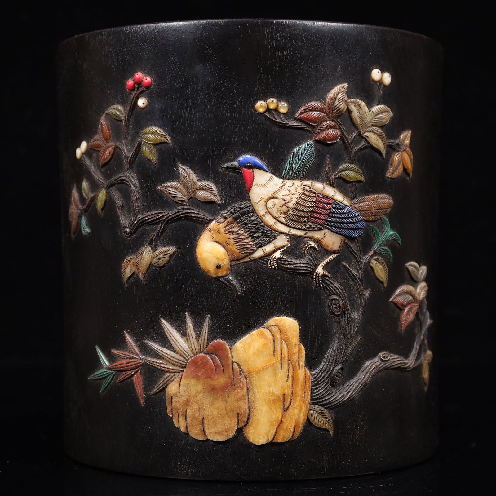 An Exquisite Zitanwood Inlaid Gems Flower and Bird Pattern Brush Pot,With Poem: An Exquisite Zitanwood Inlaid Gems Flower and Bird Pattern Brush Pot,With Poem,Qing Dynasty, China,Qianlong Four-character Mark,Size:6.7inx7.1in,Weight:2100g