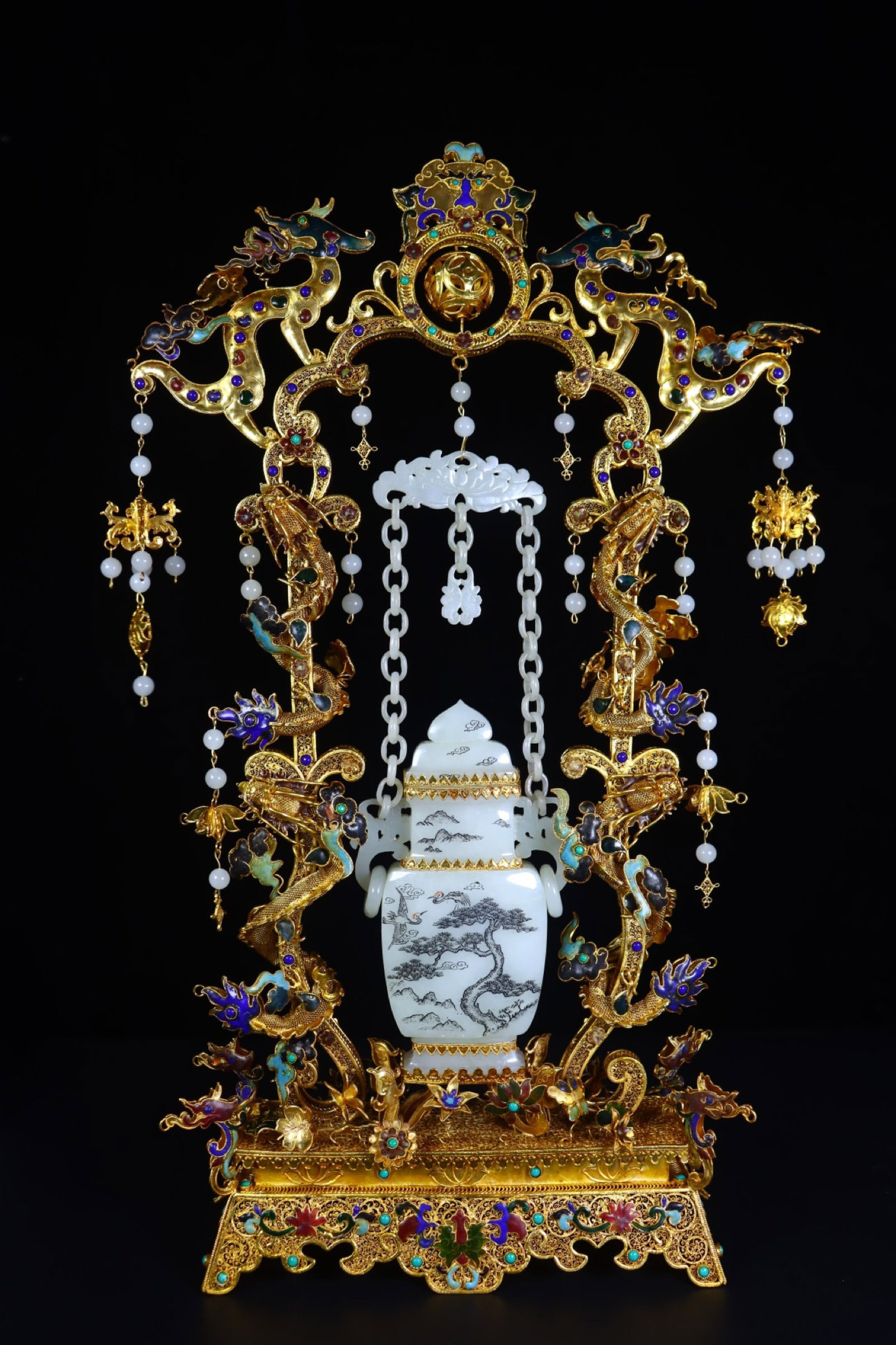 An Exquisite Filigree and Gilding Inlaid White Jade Pine and Crane Pattern Bottle: An Exquisite Filigree and Gilding Inlaid White Jade Pine and Crane Pattern Bottle,Qing Dynasty,China,Qianlong Four-Character Mark,Size:21.7inx13.4inx3.5in,Weight:2347g 花丝鎏金