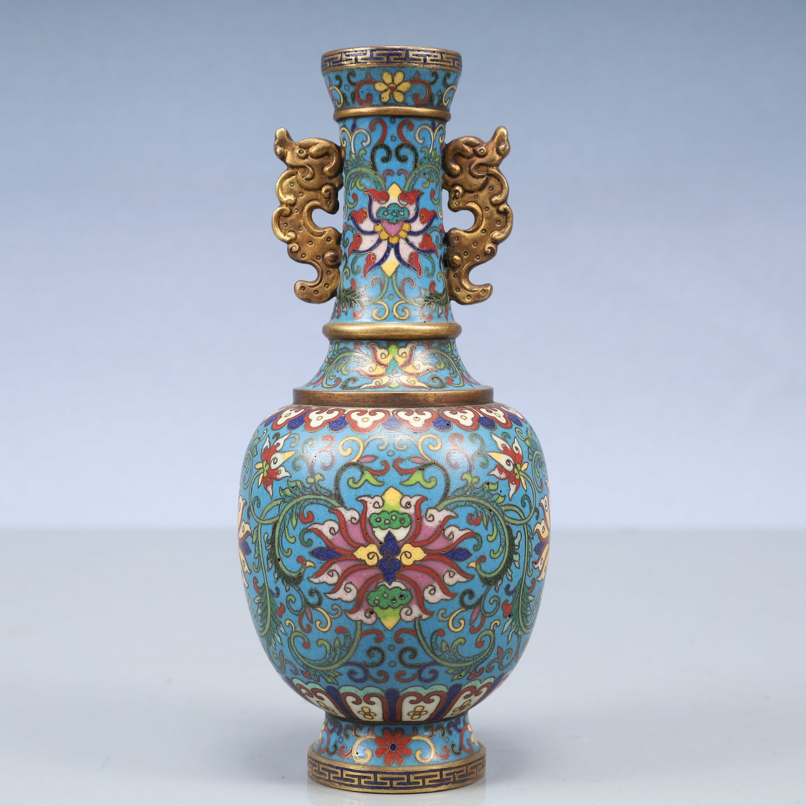 An Exquisite Cloisonne Lotus Pattern Dragon-Ears Vase: An Exquisite Cloisonne Lotus Pattern Dragon-Ears Vase,Qing Dynasty, China,Qianlong Four-character Mark,Size:7.9inx3.1in,Weight:550g 景泰蓝缠枝莲纹龙 