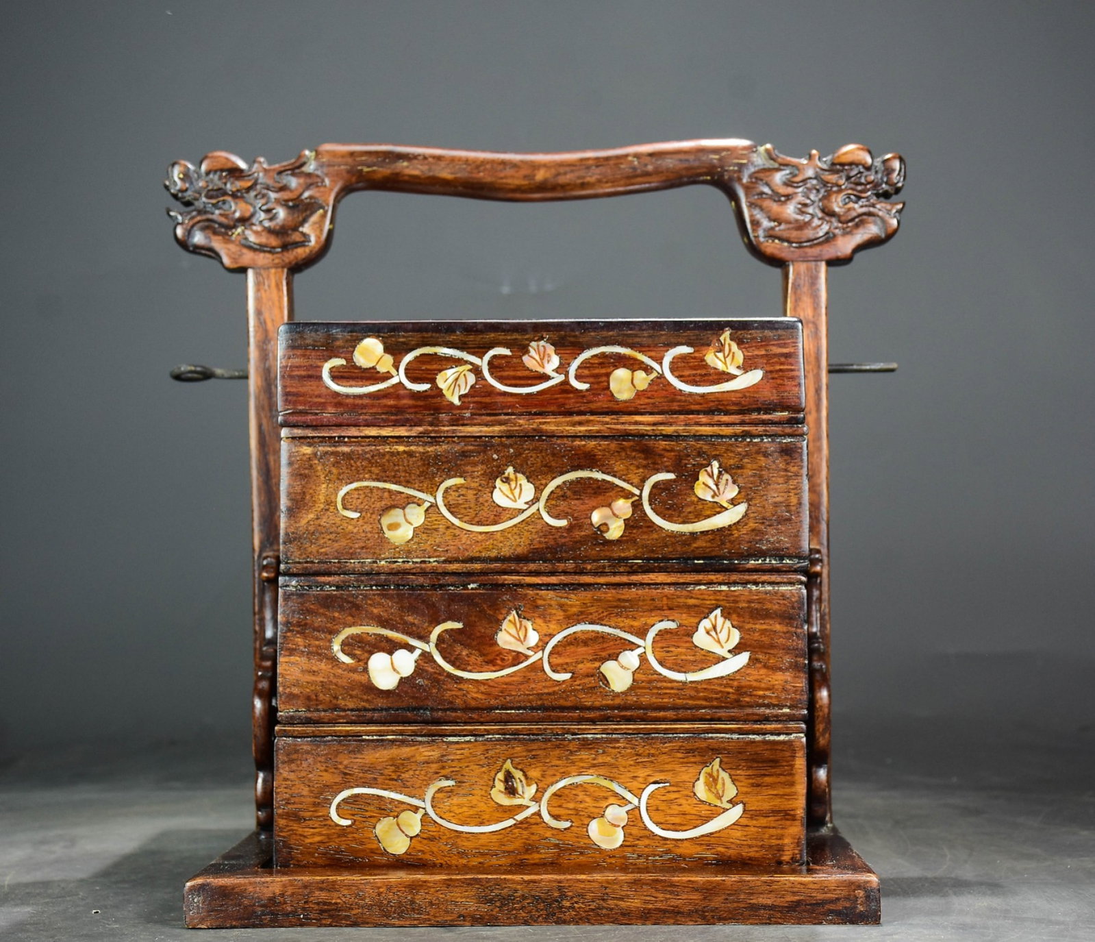 A Rare Huanghuali wood Inlaid Shell Flower and Bird Pattern Vintage Food Box: A Rare Huanghuali wood Inlaid Shell Flower and Bird Pattern Vintage Food Box,Qing Dynasty,China,Size:12.6inx11.8inx11.8in 黄花梨木镶贝壳花鸟ಬ