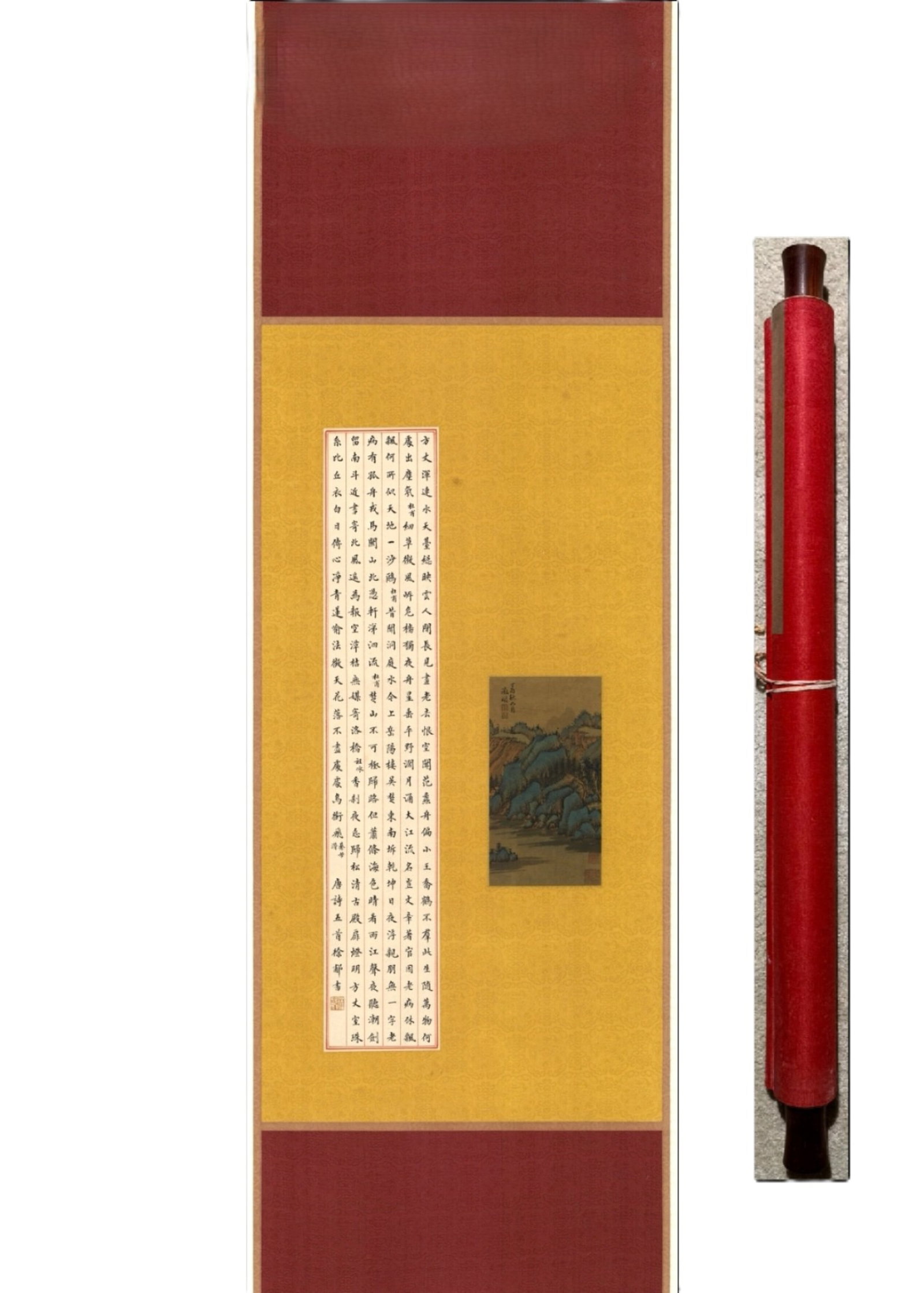 A Chinese Vertical Scroll Ink Painting of Landscape on Silk: A Chinese Vertical Scroll Ink Painting of Landscape on Silk,Wen Zhengming,Size:92.5inx24in