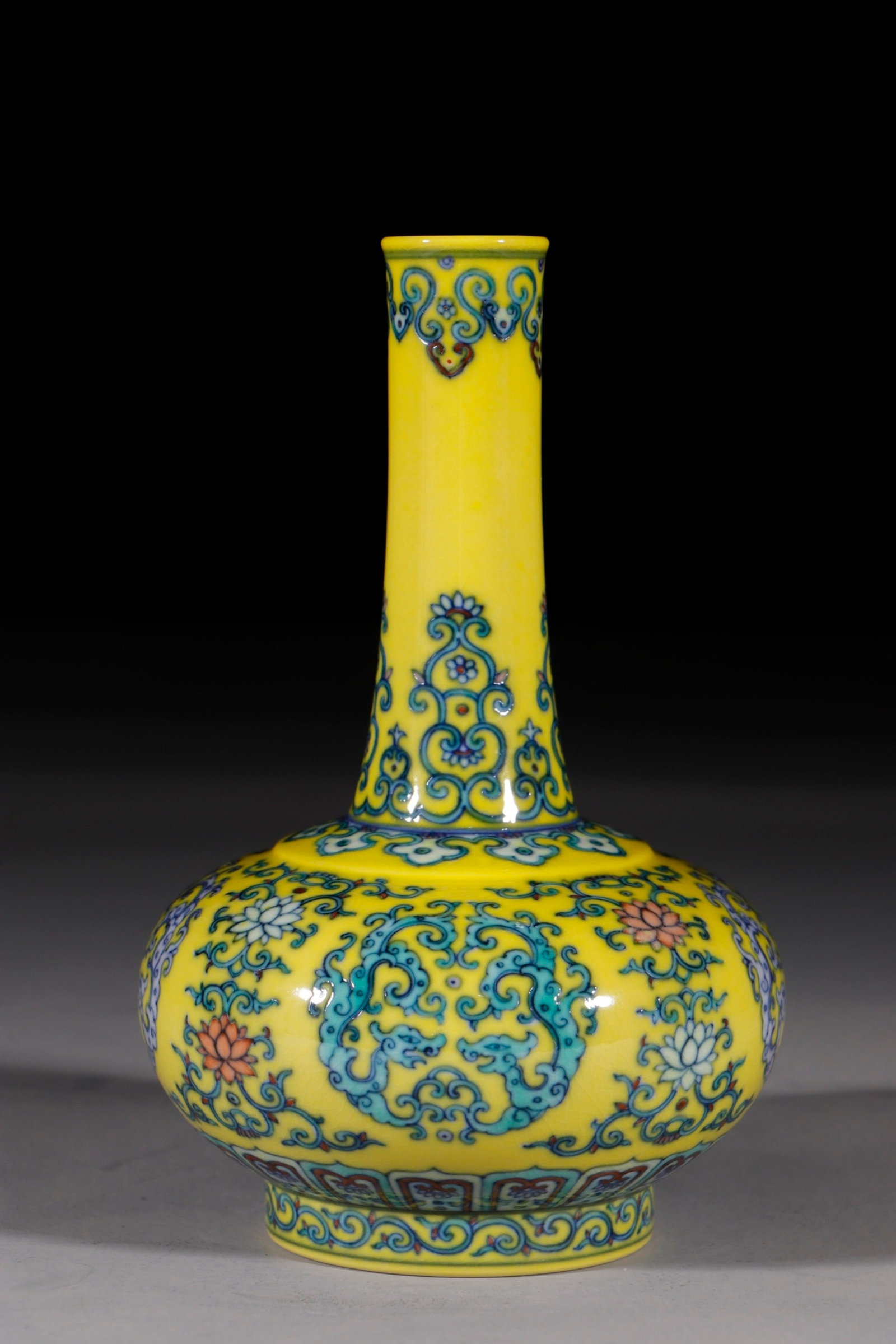 An Exquisite Yellow Ground Doucai Lotus and Dragon Pattern Vase: An Exquisite Yellow Ground Doucai Lotus and Dragon Pattern Vase,Qing Dynasty,China,Yongzheng Six-character Mark,Size:8.1in