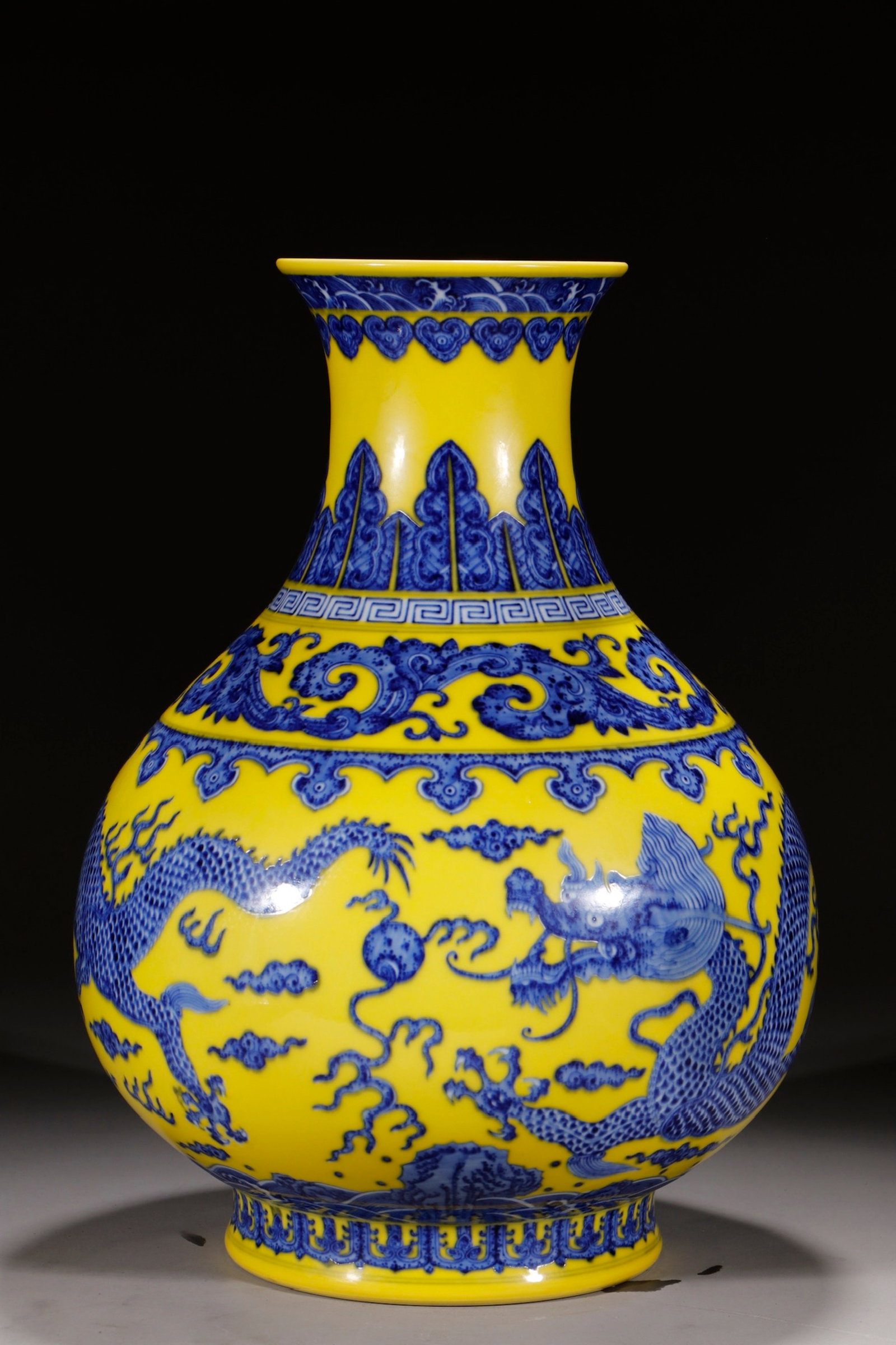 A Rare Yellow Ground Blue and White Dragon Pattern Vase: A Rare Yellow Ground Blue and White Dragon Pattern Vase,Qing Dynasty,China,Yongzheng Six-character Mark,Size:15.2in 黄地青花龙纹瓶中国清