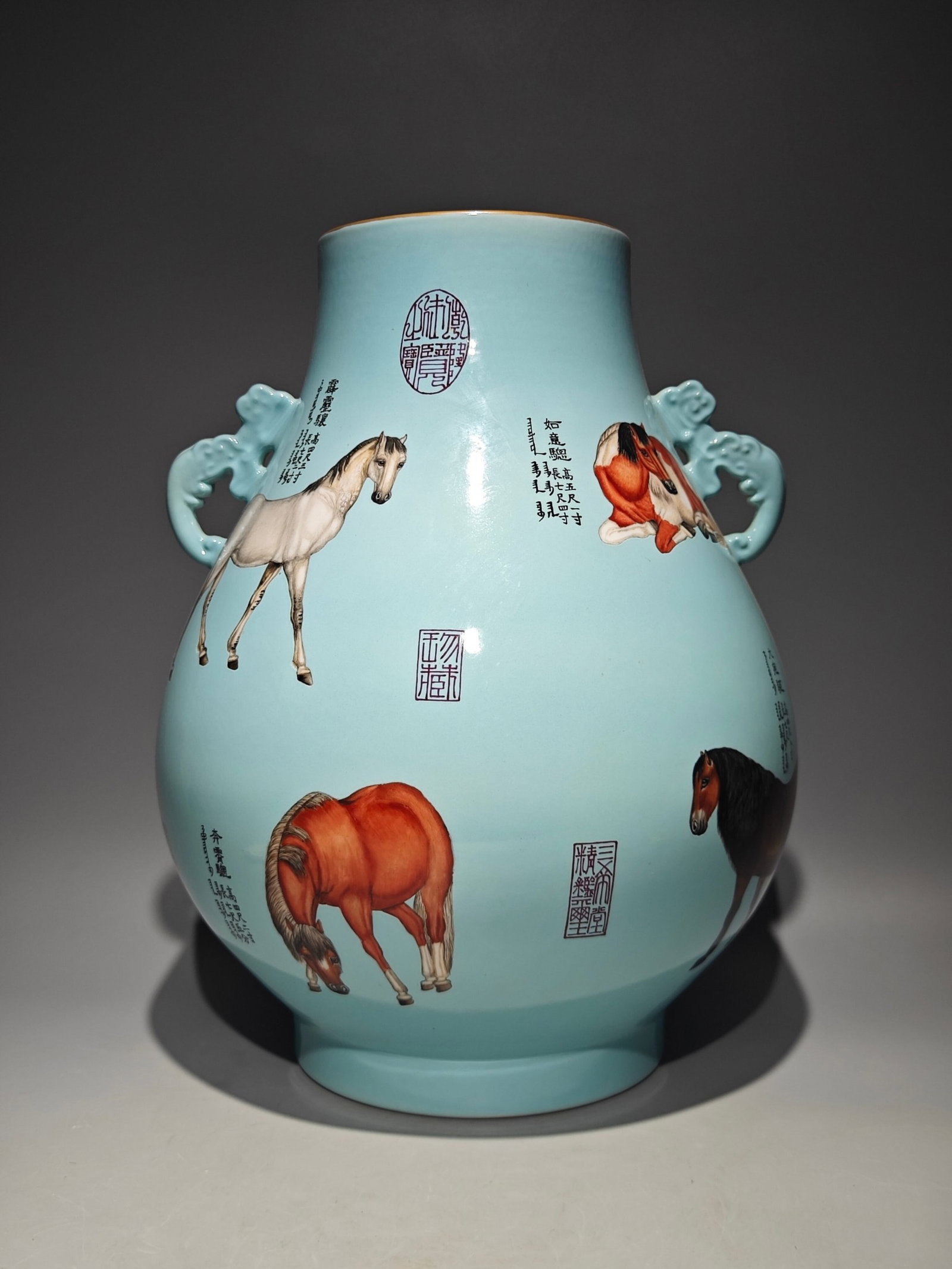 A Rare Enamel Horse Pattern Double-Ears Jar: A Rare Enamel Horse Pattern Double-Ears Jar,Qing Dynasty,China,Qianlong Six-character Mark,Size:14.2inx11.4in 珐琅彩骏马纹双耳罐,中国&