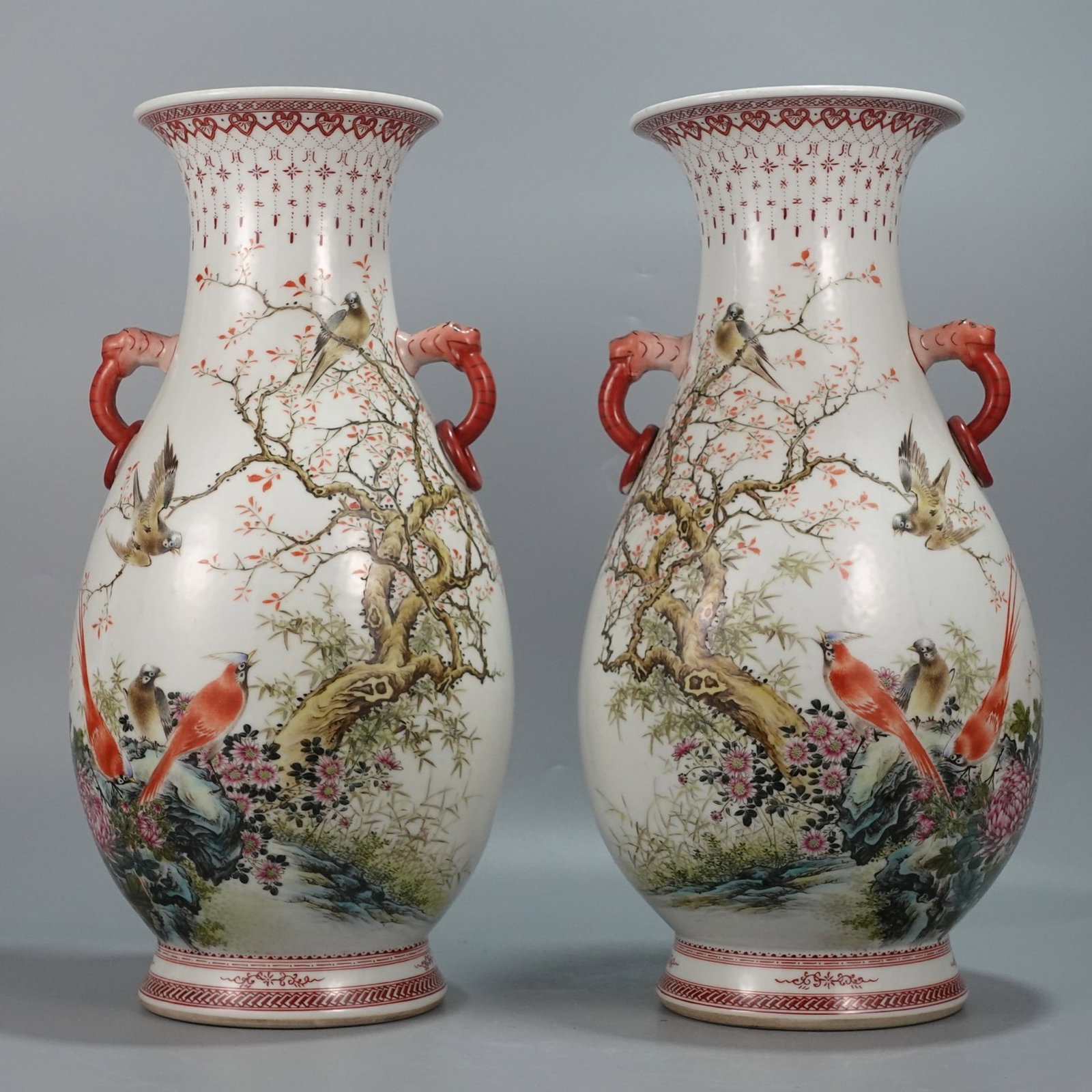 A Pair of Huge Famille-Rose Flower and Bird Pattern Double-Ears Vase,with poems: A Pair of Huge Famille-Rose Flower and Bird Pattern Double-Ears Vases,with poem,Qing Dynasty,China,Size:18.5inx9.4in 一对粉彩花鸟纹双耳瓶,&#