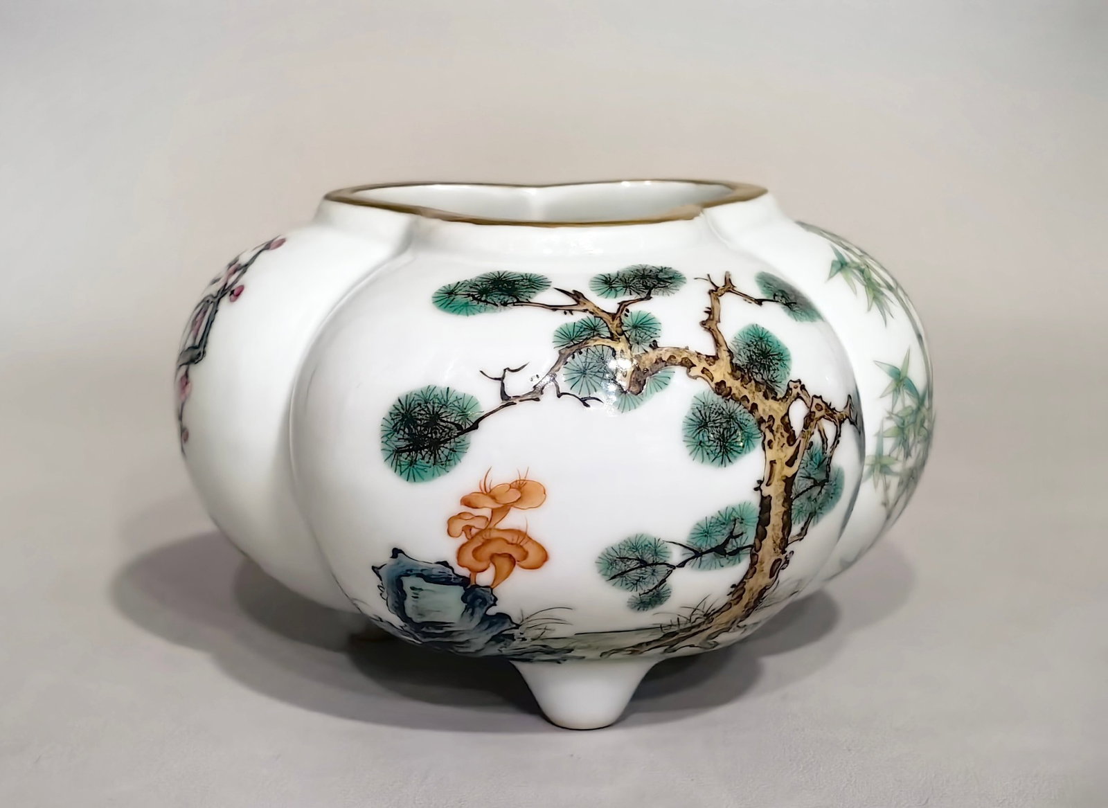 An Exquisite Famille-Rose Pine,Bamboo and Plum Blossom Pattern Brush Washer: An Exquisite Famille-Rose Pine,Bamboo and Plum Blossom Pattern Brush Washer,Qing Dynasty,China,Qianlong Four-character Mark,Size:3.1inx5.5in 粉彩松竹梅纹水