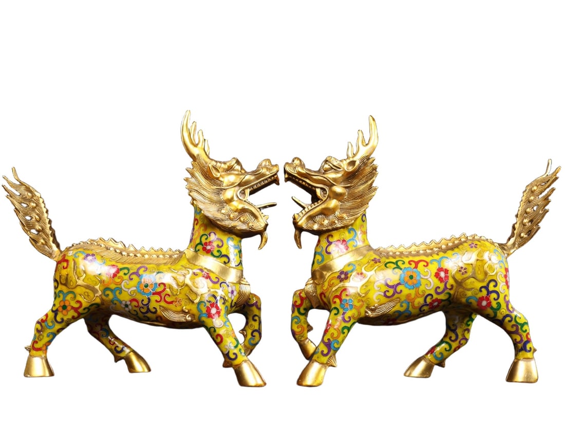 A Pair of Exquisite Gilt Bronze Cloisonne Lotus Pattern Kylin Ornaments (1 of 10)