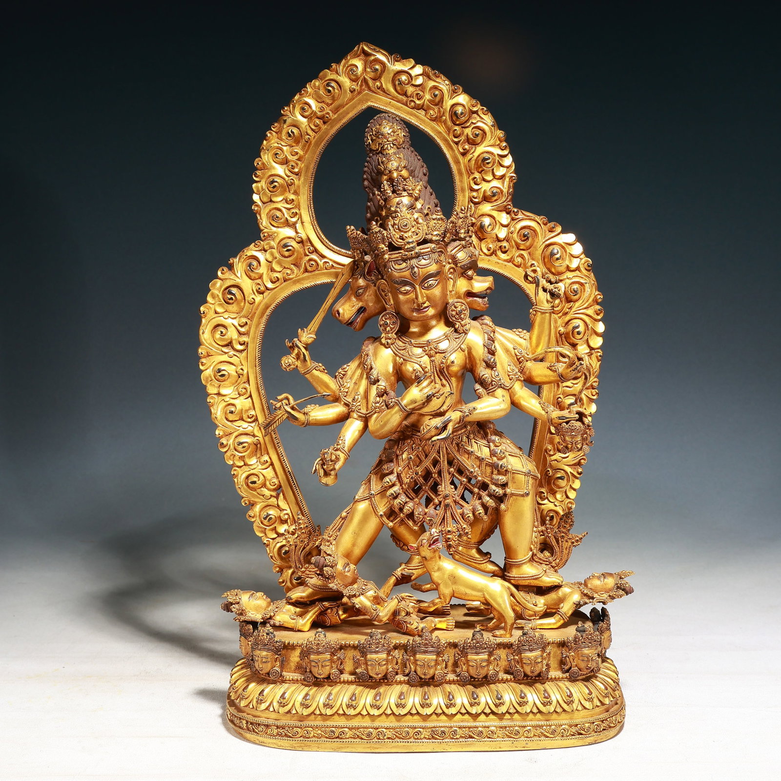 A Solemn Gilt Bronze Statue of Chakrasamvara,With Inscription: A Solemn Gilt Bronze Statue of Chakrasamvara,With Inscription,Ming Dynasty,China,Yongle Six-character Mark,Size:11.4inx4.7inx18.5in,Weight:9350g 铜鎏金胜乐金刚
