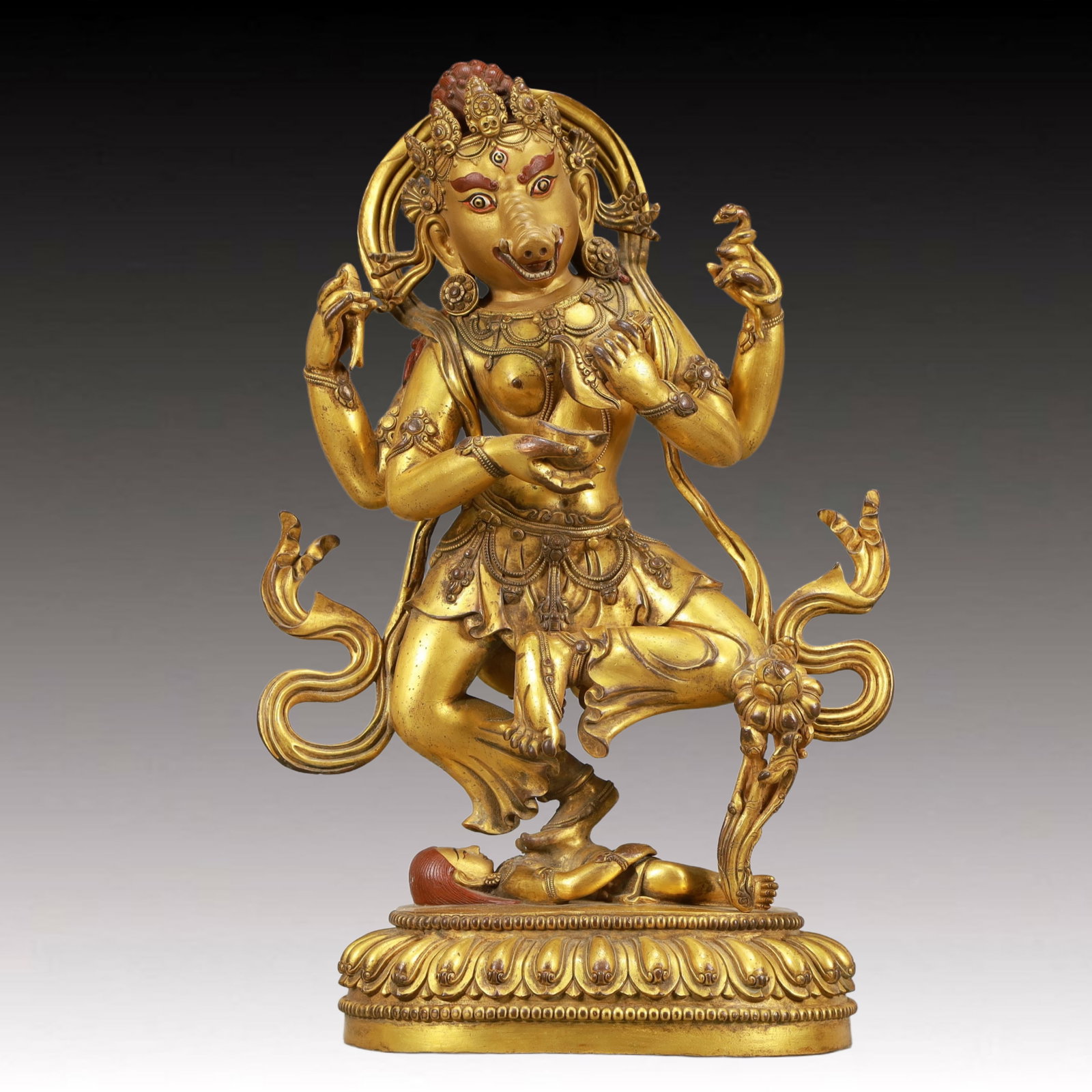 A Solemn Gilt Bronze Statue of Dakini: A Solemn Gilt Bronze Statue of Dakini,Ming Dynasty, China,Size:10.6inx5.9inx16.9in,Weight:8250g 铜鎏金空行母像,中国明代