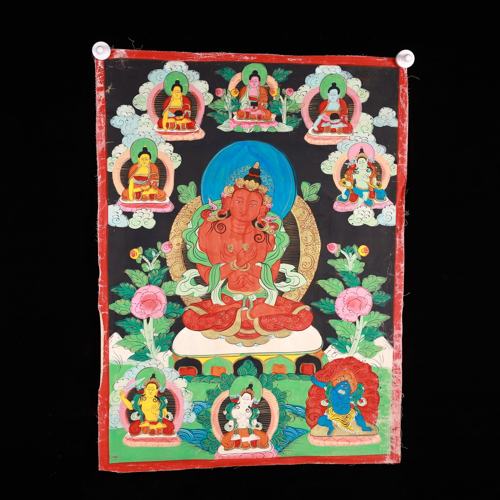 A Rare Painted Color Statue of Amitayus Tangka: A Rare Painted Color Statue of Amitayus Tangka,Qing Dynasty, China,Size:19.9inx26.8in 彩绘无量寿佛像唐卡,中国清代