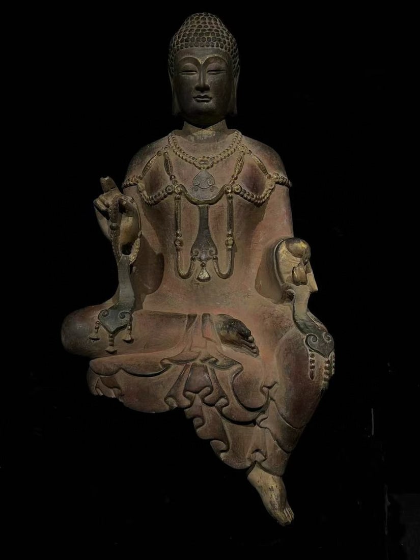 A Rare Limestone Painted Color Buddha Statue Ornament: A Rare Limestone Painted Color Buddha Statue Ornament,Qing Dynasty, China,Size:28.3inx14.2inx9.4in 青石彩绘佛像摆件,中国清代