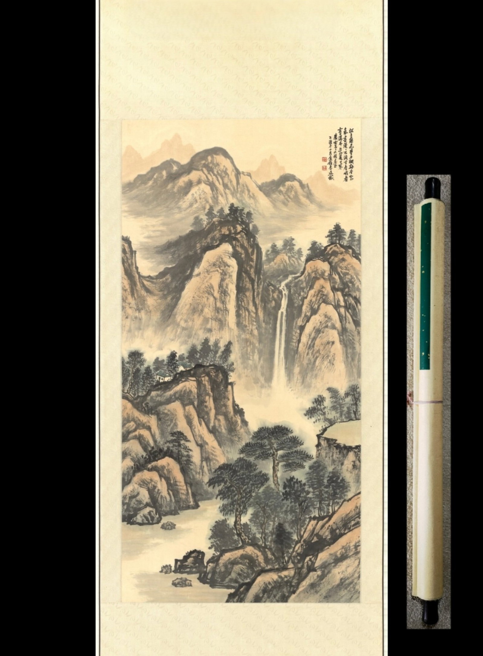 A Chinese Vertical Scroll Ink Painting of Landscape on Paper: A Chinese Vertical Scroll Ink Painting of Landscape on Paper,Wu Zhi,Size:(Entirety)90.6inx32.3in,(Without Frame)53.1inx26.8in 一幅中国水墨山水画&#
