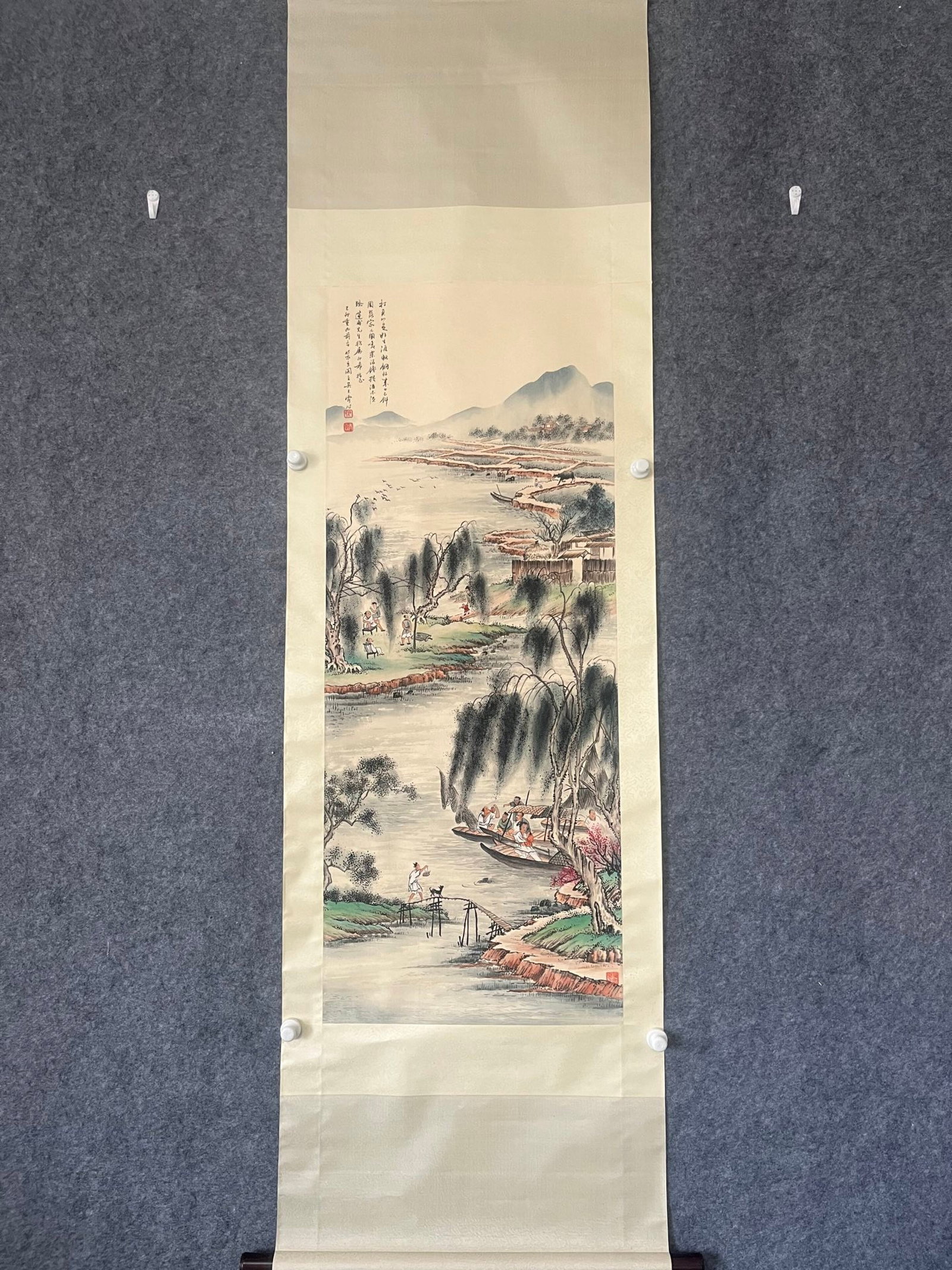 A Chinese Vertical Scroll Ink Painting of Landscape and Figure on Paper: A Chinese Vertical Scroll Ink Painting of Landscape and Figure on Paper,Wu Qingxia,Size:19.3inx48.4in 一幅中国水墨山水人物画立&#