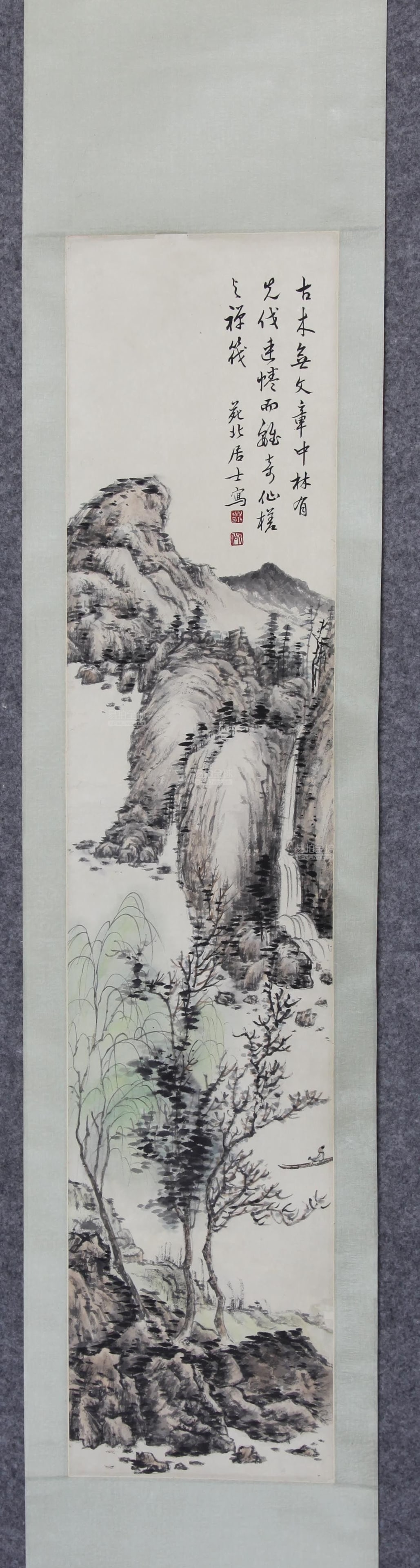A Chinese Vertical Scroll Ink Painting of Landscape on Paper (1 of 12)