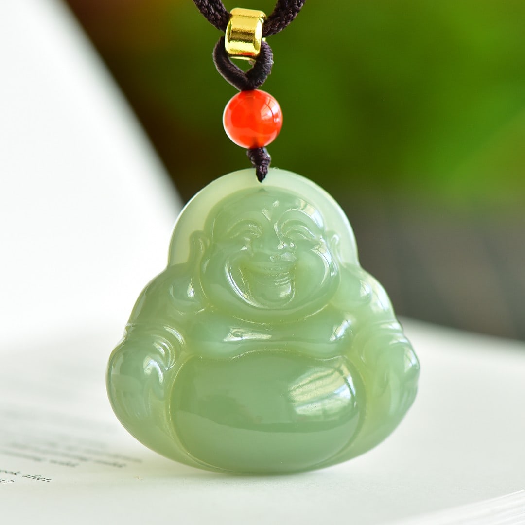 An Exquisite Greenish Jade Statue of Maitreya Buddha Pendant: An Exquisite Greenish Jade Statue of Maitreya Buddha Pendant,Size:1.7inx1.7in 青玉弥勒佛像挂件