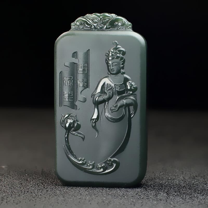 An Exquisite Cyan jade Statue of Avalokitesvara Pendant: An Exquisite Cyan jade Statue of Avalokitesvara Pendant 青玉观音像挂件