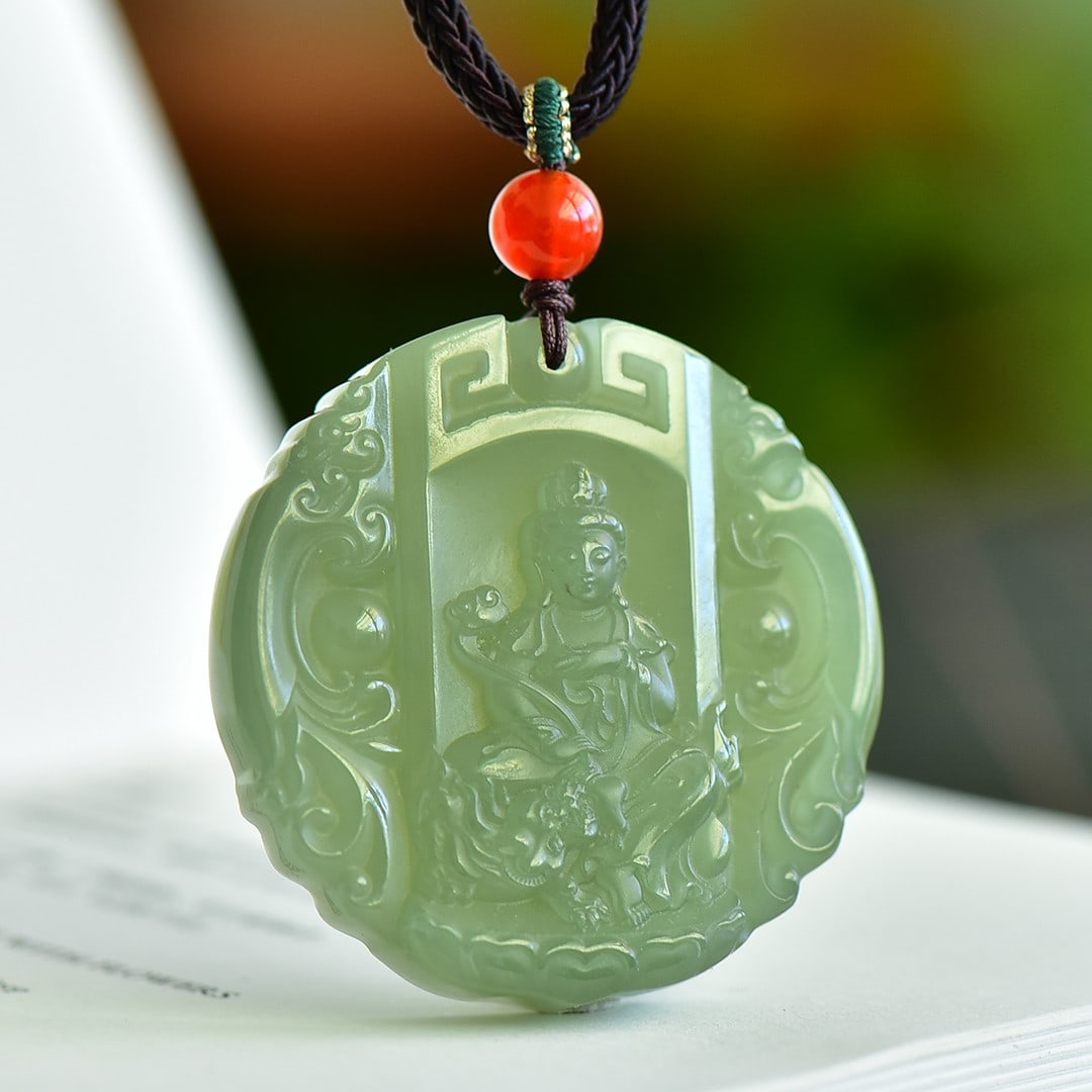 An Exquisite Greenish Jade Statue of Manjusri Pendant: An Exquisite Greenish Jade Statue of Manjusri Pendant,Size:1.9inx2in 青玉文殊菩萨像挂件
