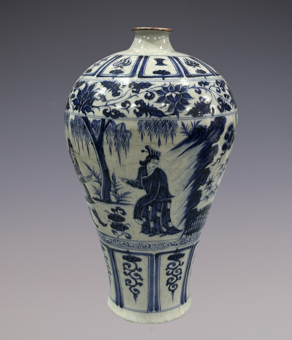 An Exquisite Blue and White Lotus Pattern Character and Story Pattern Vase: An Exquisite Blue and White Lotus Pattern Character and Story Pattern Vase Yuan Dynasty, China Size:17.2in青花人物梅瓶 中国元代 Size:43.8cm