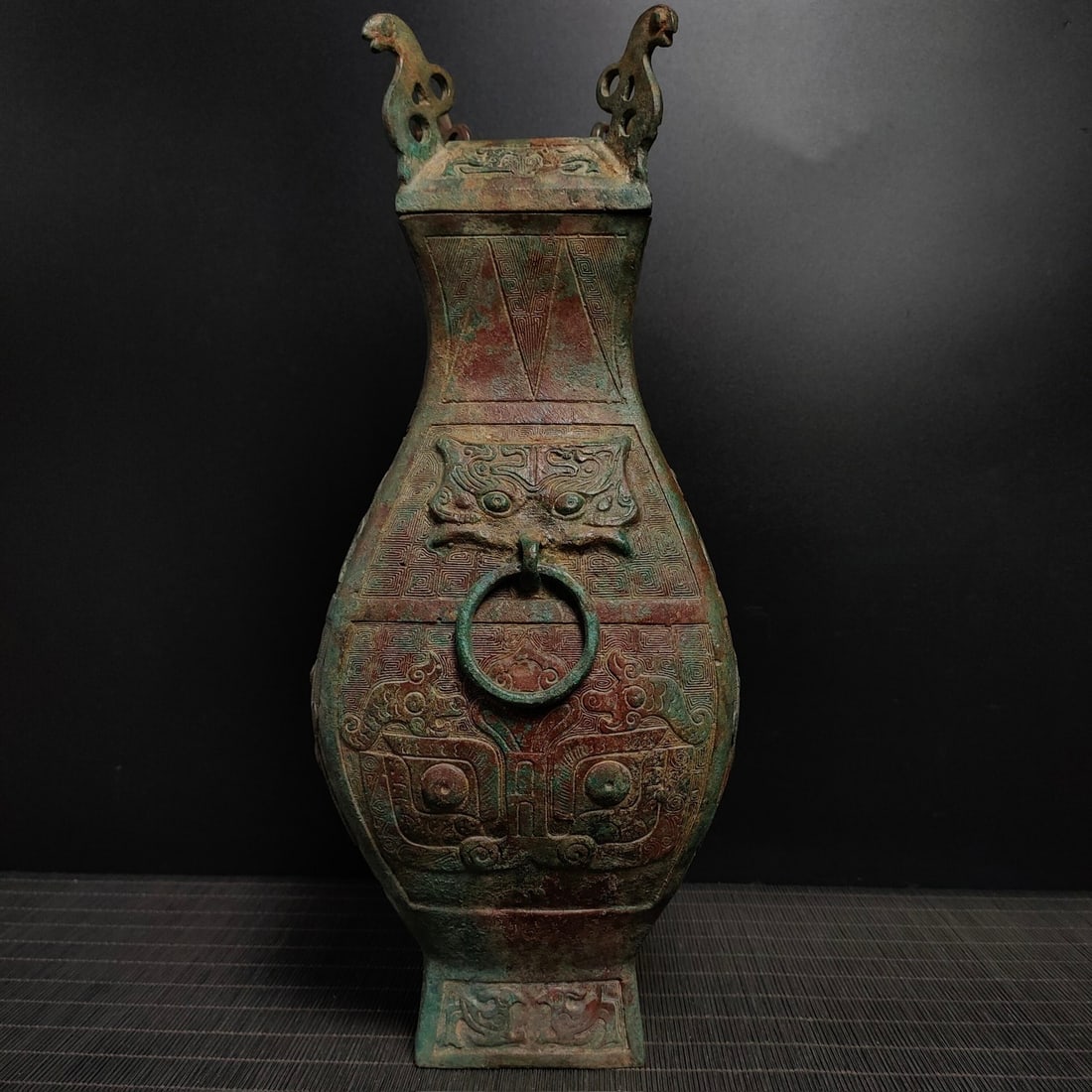 An Exquisite Bronze Beast-Face Pattern Double-Ears Vase - 4