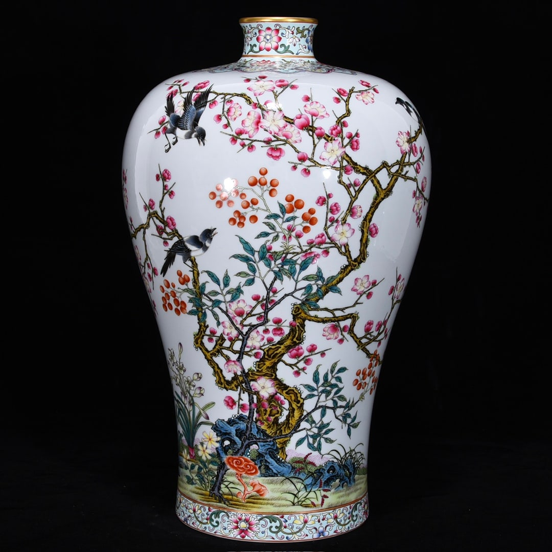 An Exquisite Famille-Rose Lotus Pattern Flower and Bird Pattern with poem Vase: An Exquisite Famille-Rose Lotus Pattern Flower and Bird Pattern with poem Vase Qing Dynasty, China Yongzheng Six-character Mark Size:15inx8.7in粉彩喜上眉梢题&