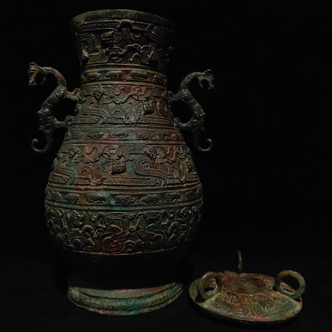 An Exquisite Bronze Dragon Pattern Double-Ears Vase - 5