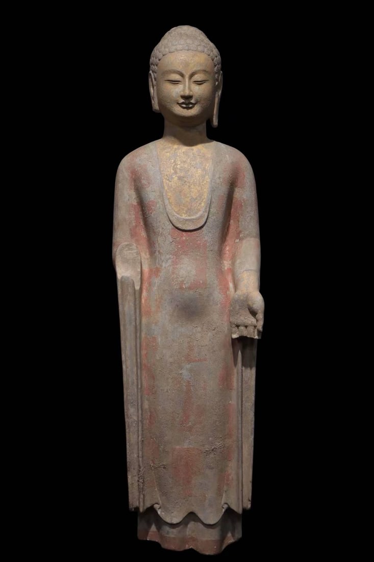 An Exquisite Limestone Painted Color Buddha Statue: An Exquisite Limestone Painted Color Buddha Statue N.Qi , China Size:37.4in青石彩绘佛造像 中国北齐Size:95cm