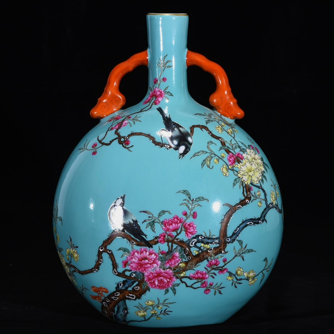 An Exquisite Famille-Rose Flower and Bird Pattern with poem Double-Ears Vase: An Exquisite Famille-Rose Flower and Bird Pattern with poem Double-Ears Vase Qing Dynasty, China Yongzheng Six-character Mark Size:12.6inx10.2in粉彩松石绿花鸟