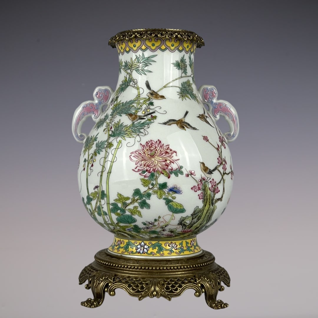 An Exquisite Enamel Inlaid Bronze Lotus Pattern Flower and Bird Pattern with poem Double-Ears Vase: An Exquisite Enamel Inlaid Bronze Lotus Pattern Flower and Bird Pattern with poem Double-Ears Vase Qing Dynasty, China Yongzheng Four-character Mark